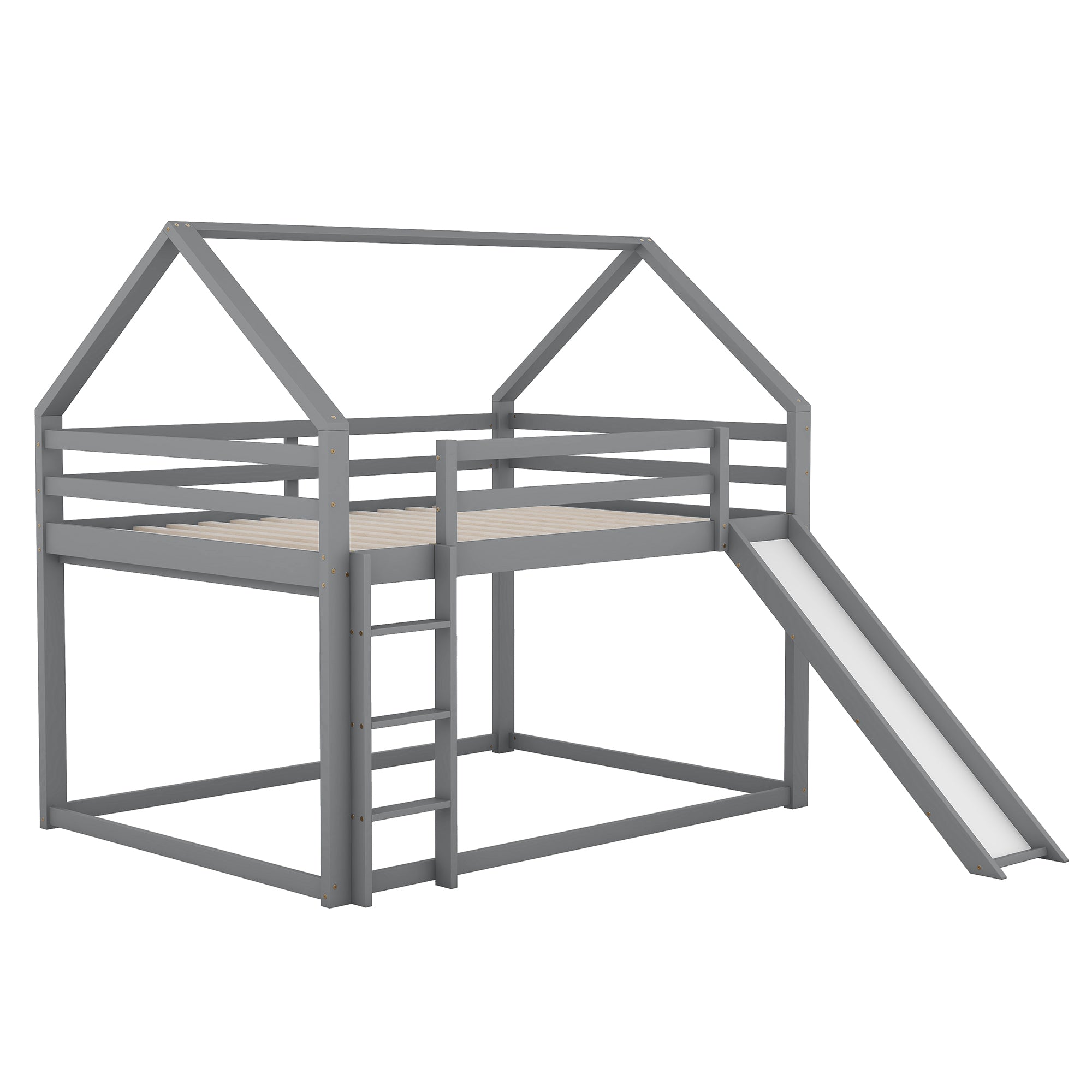 Double Bunk Bed, House Bed with Slide & Ladder, Grey 140x200cm