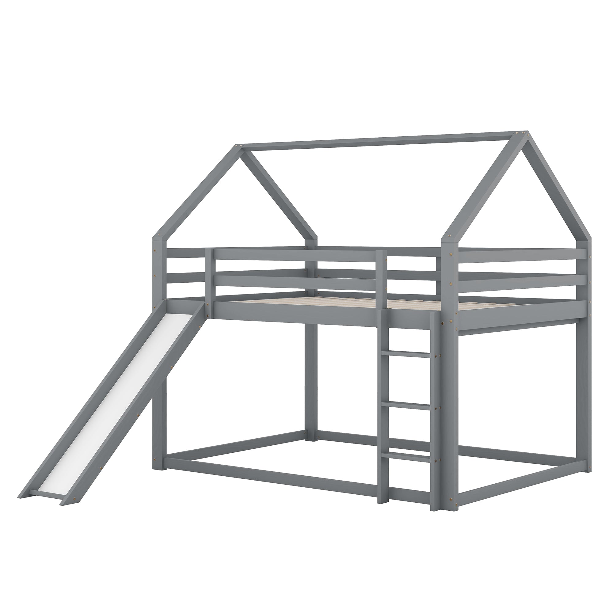 Double Bunk Bed, House Bed with Slide & Ladder, Grey 140x200cm