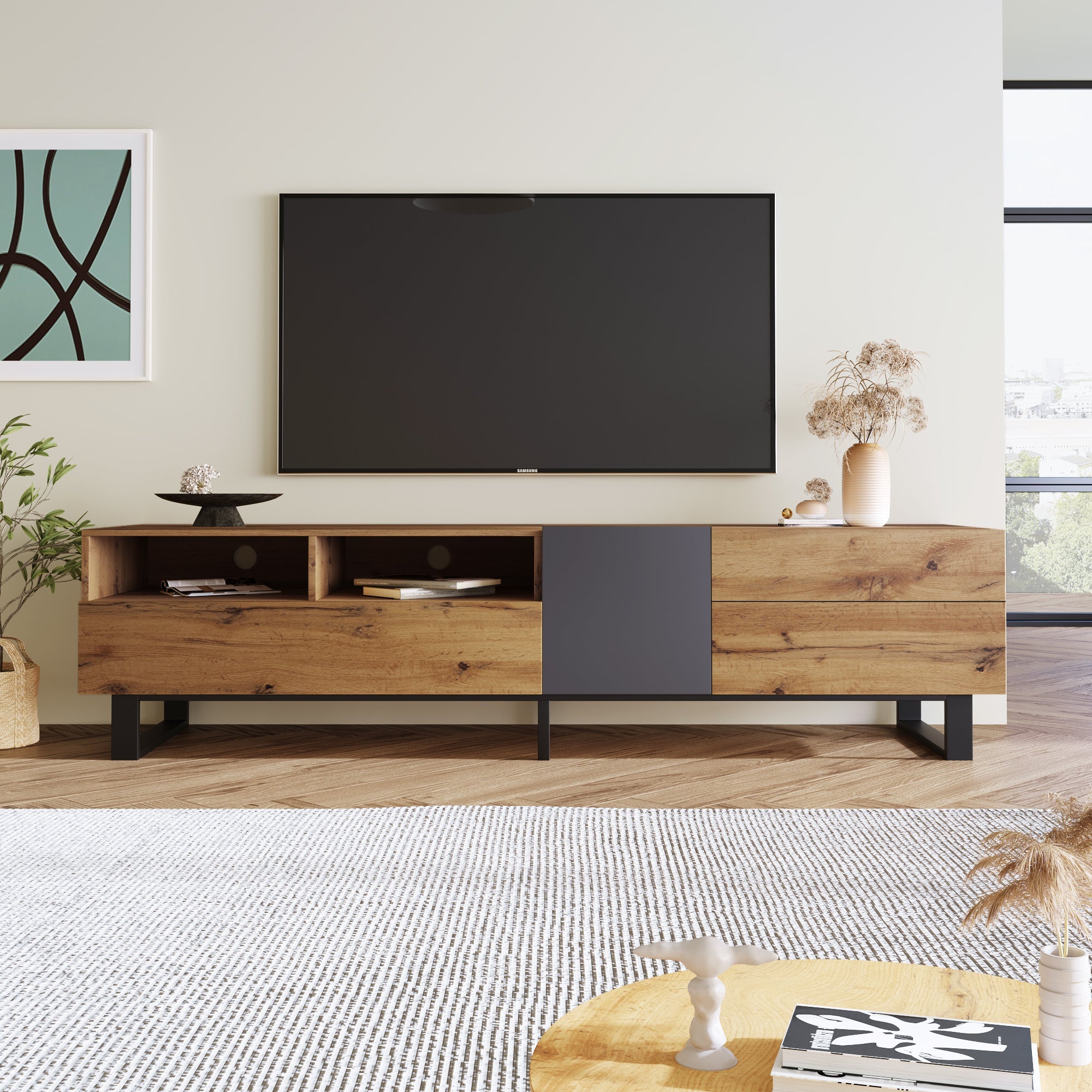 Modern Color TV Cabinet, 180cm TV Stand with Wood Grain Finish
