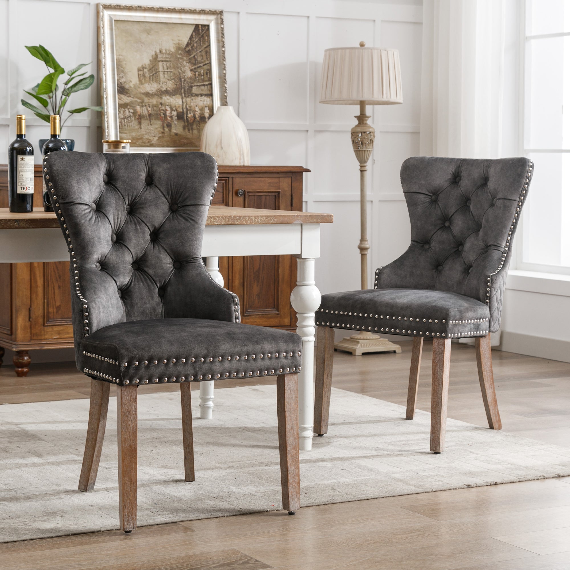 Dining Chair, Upholstered with Nailhead Trim, Velvet Grey
