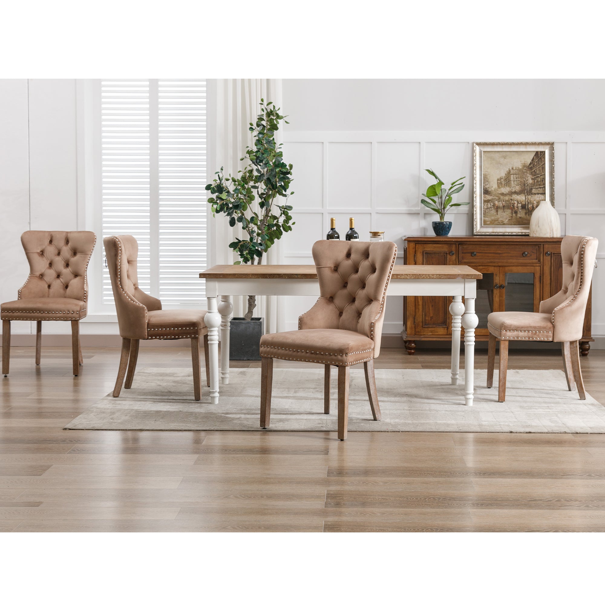 Dining Chair, Upholstered with Nailhead Trim, Solid Wood Legs, Velvet Brown