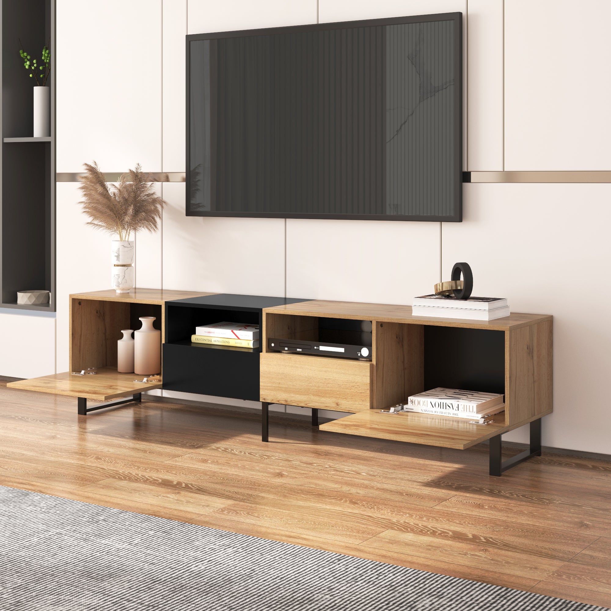 Modern TV Stand with Spacious Storage, Robust Construction, Black and Wood