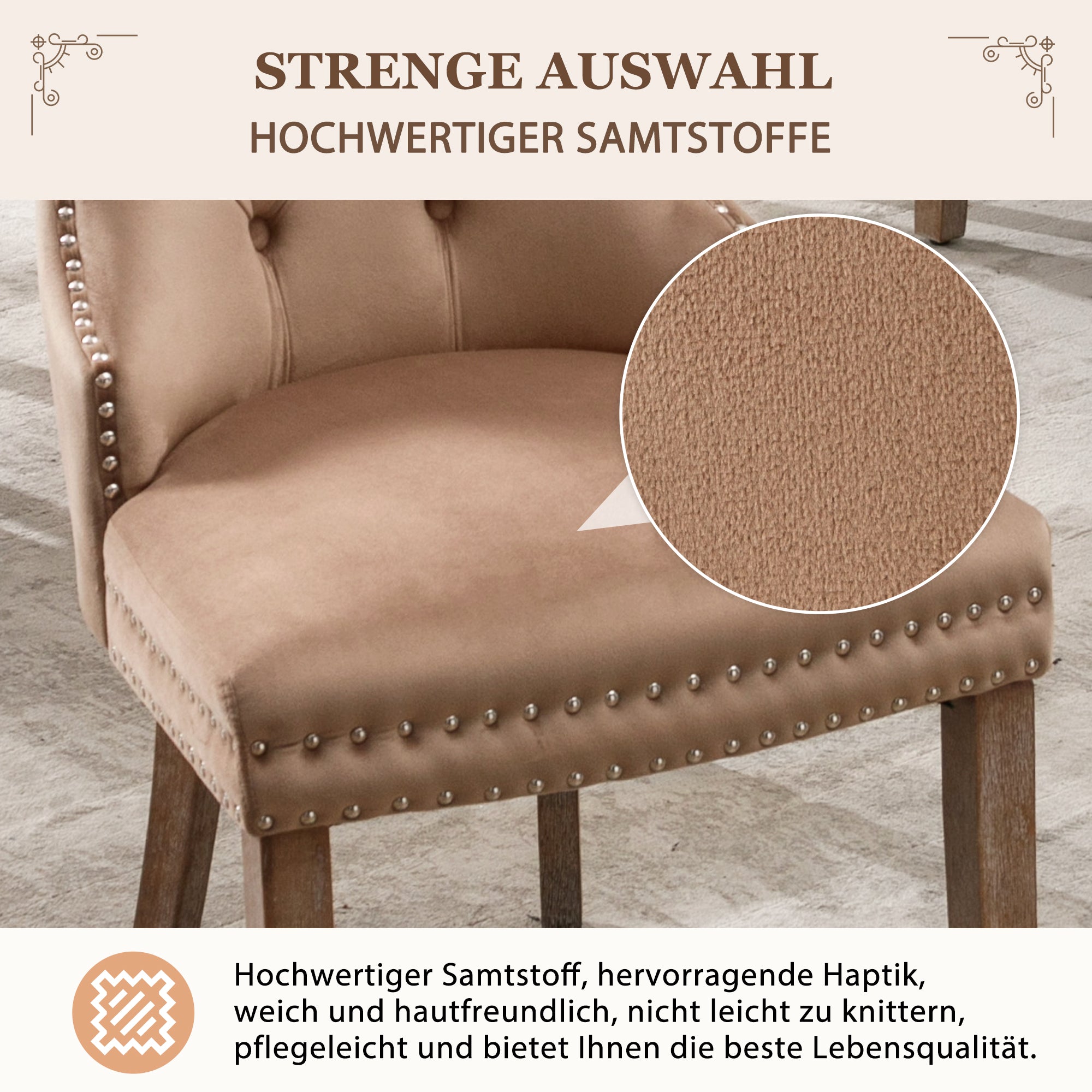 Dining Chair, Upholstered with Nailhead Trim, Solid Wood Legs, Velvet Brown