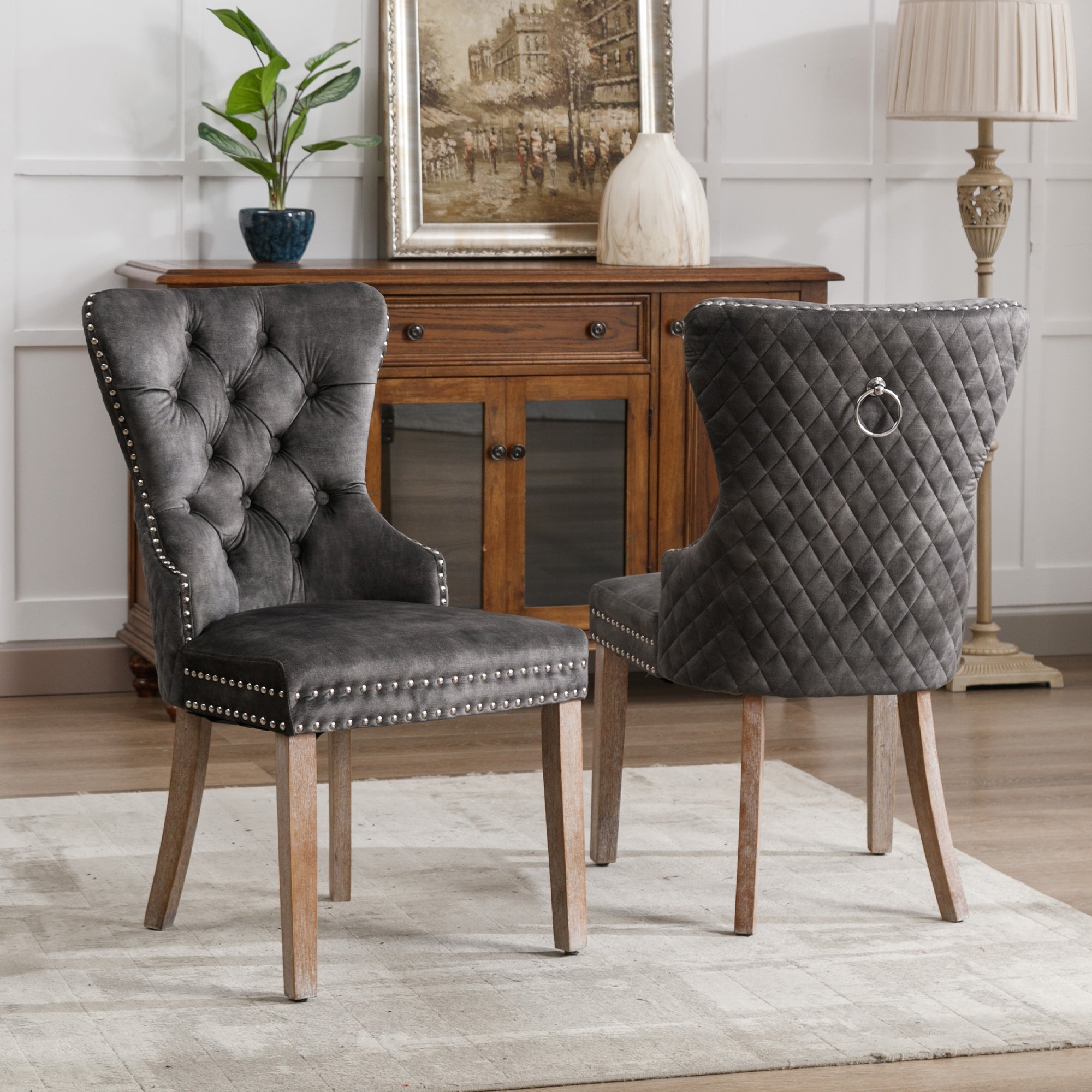 Dining Chair, Upholstered with Nailhead Trim, Velvet Grey