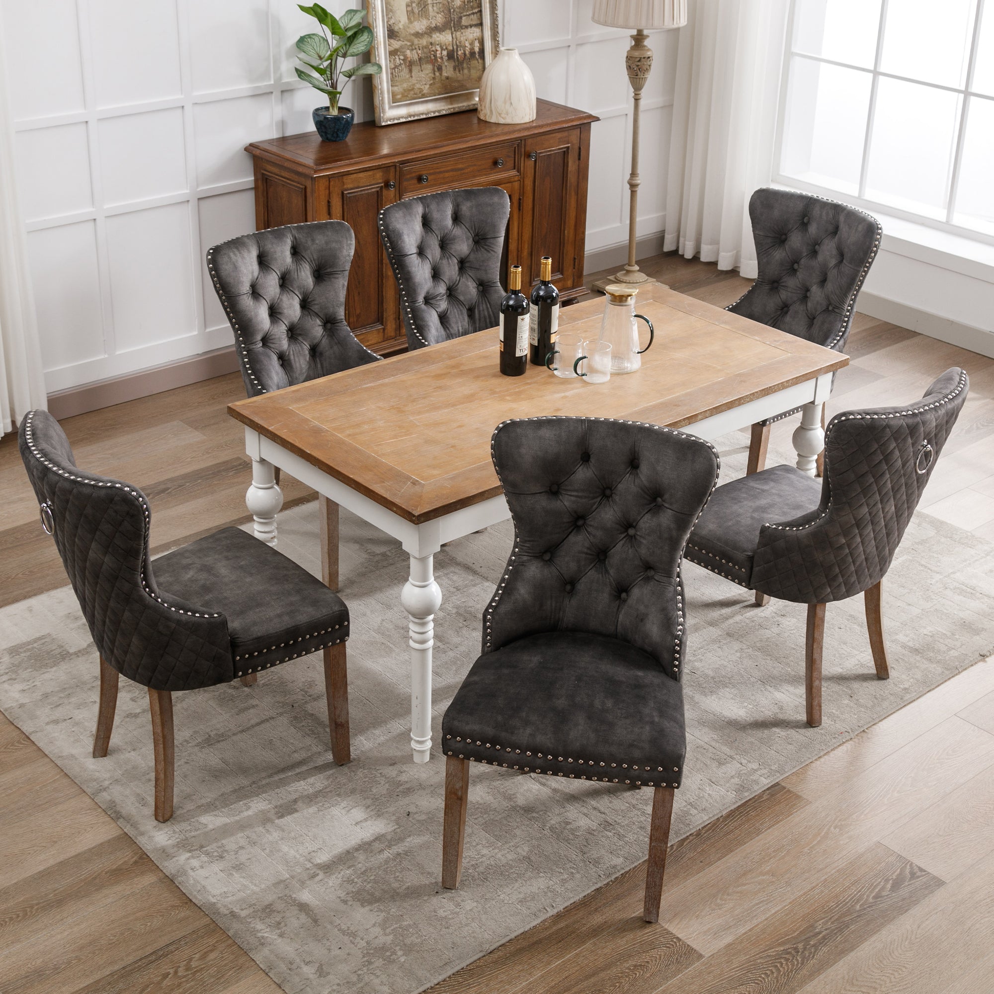 Dining Chair Set of 6, Velvet Upholstered Nailhead Trim Door Knocker Solid Wood Legs, Grey
