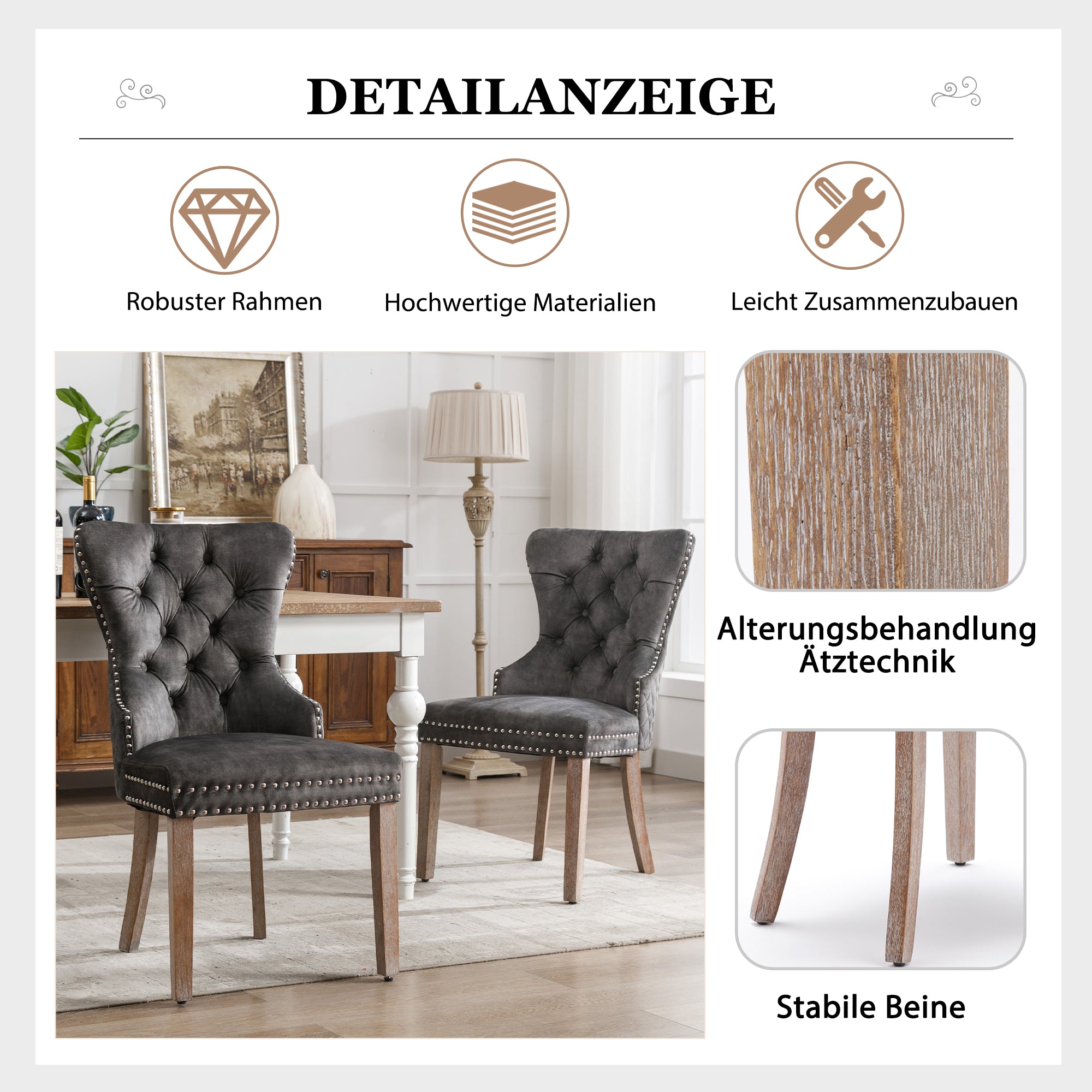 Dining Chair Set (4 pcs) Door Knocker Nailhead Trim Solid Wood Velvet, Grey