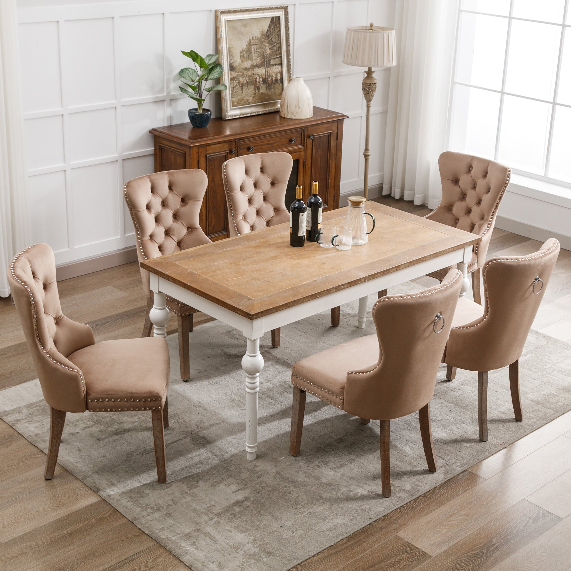 Dining Room Chair, Upholstered with Nailhead Trim, Solid Wood Legs, Velvet, Brown