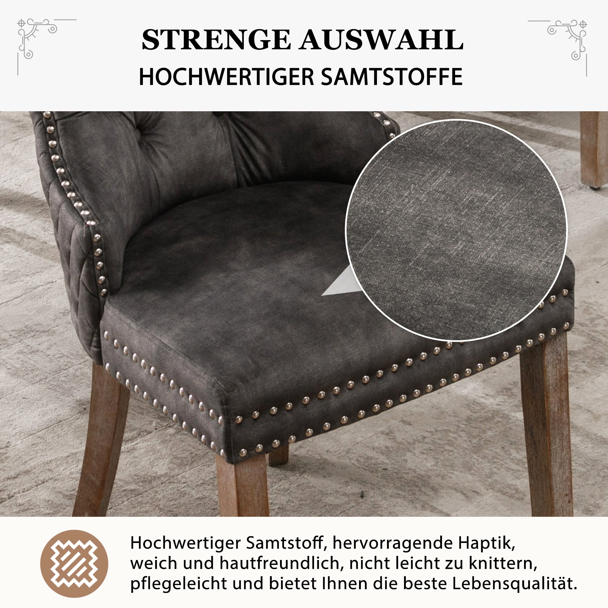 Dining Chair Set (4 pcs) Door Knocker Nailhead Trim Solid Wood Velvet, Grey