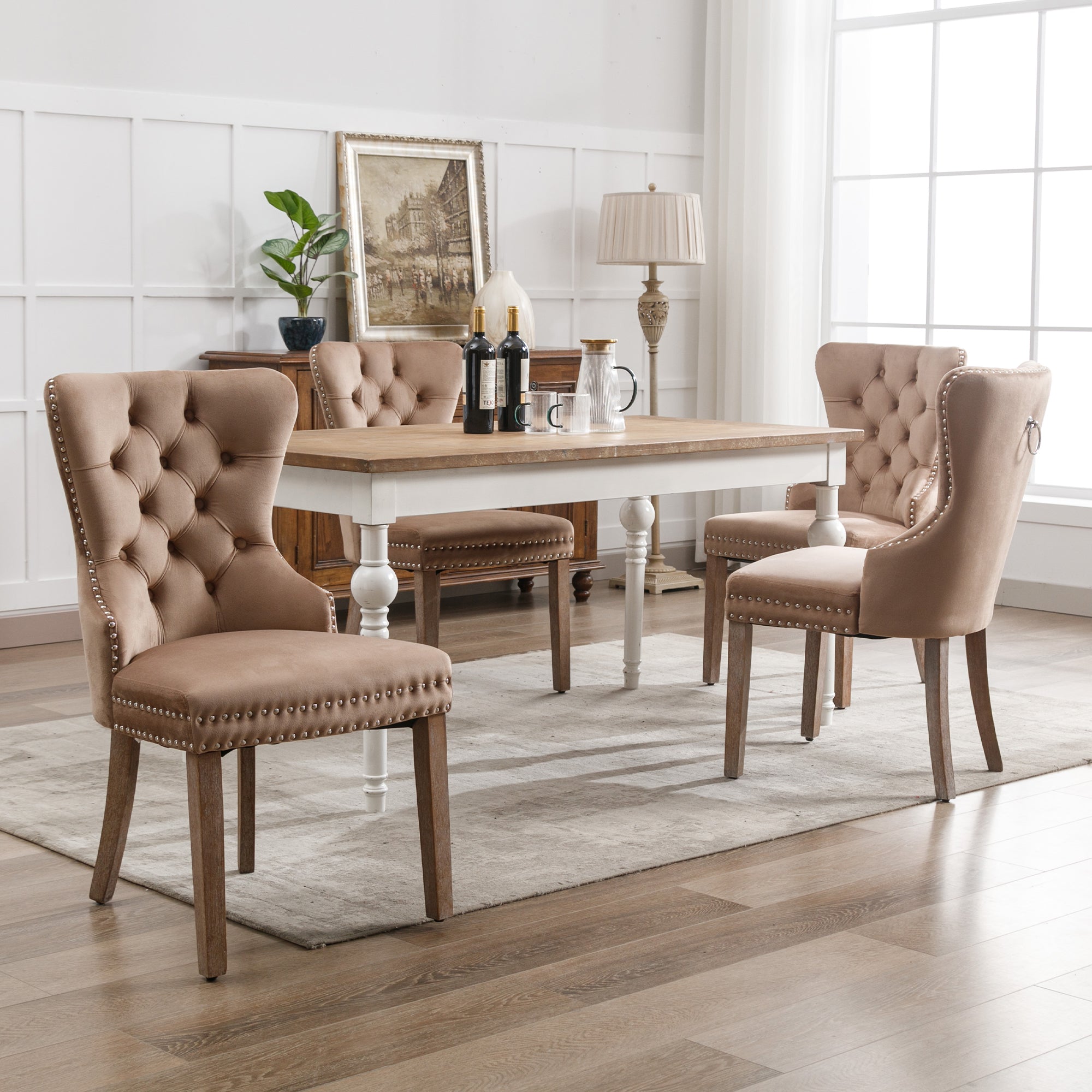 Dining Chair, Upholstered with Nailhead Trim, Solid Wood Legs, Velvet Brown