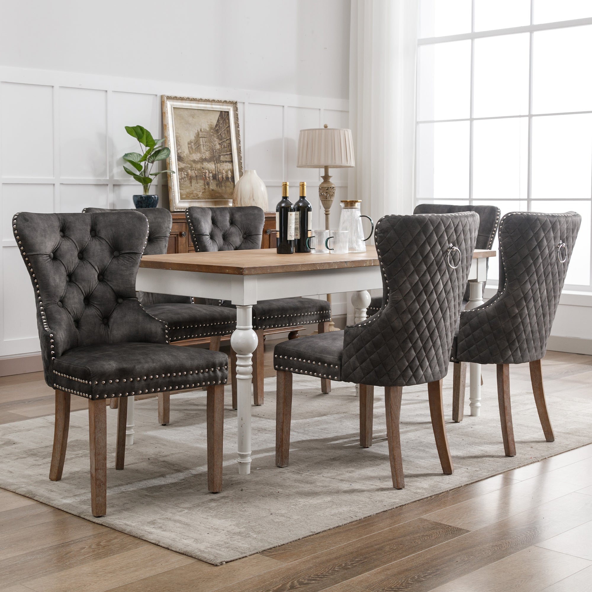 Dining Chair Set of 6, Velvet Upholstered Nailhead Trim Door Knocker Solid Wood Legs, Grey