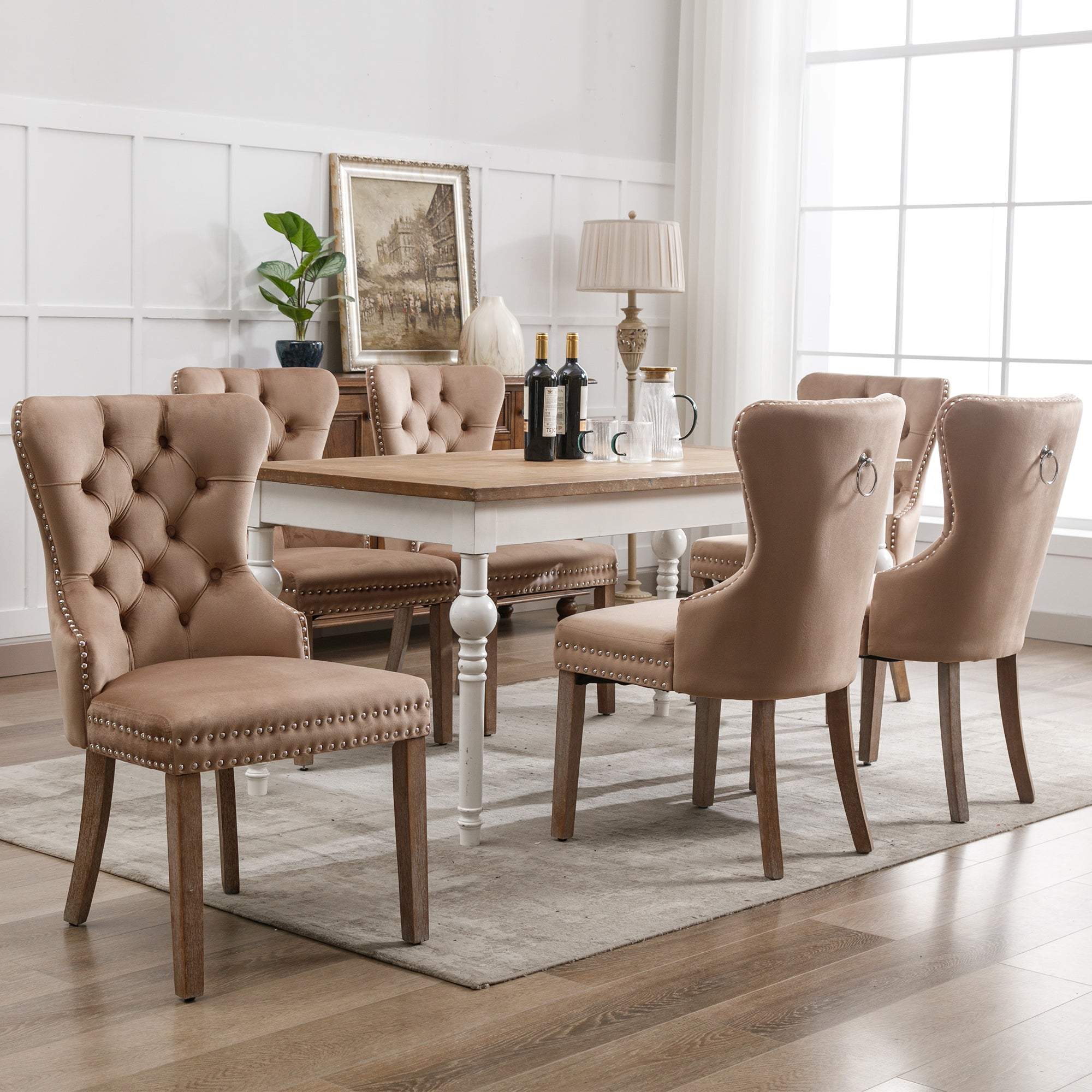 Dining Room Chair, Upholstered with Nailhead Trim, Solid Wood Legs, Velvet, Brown