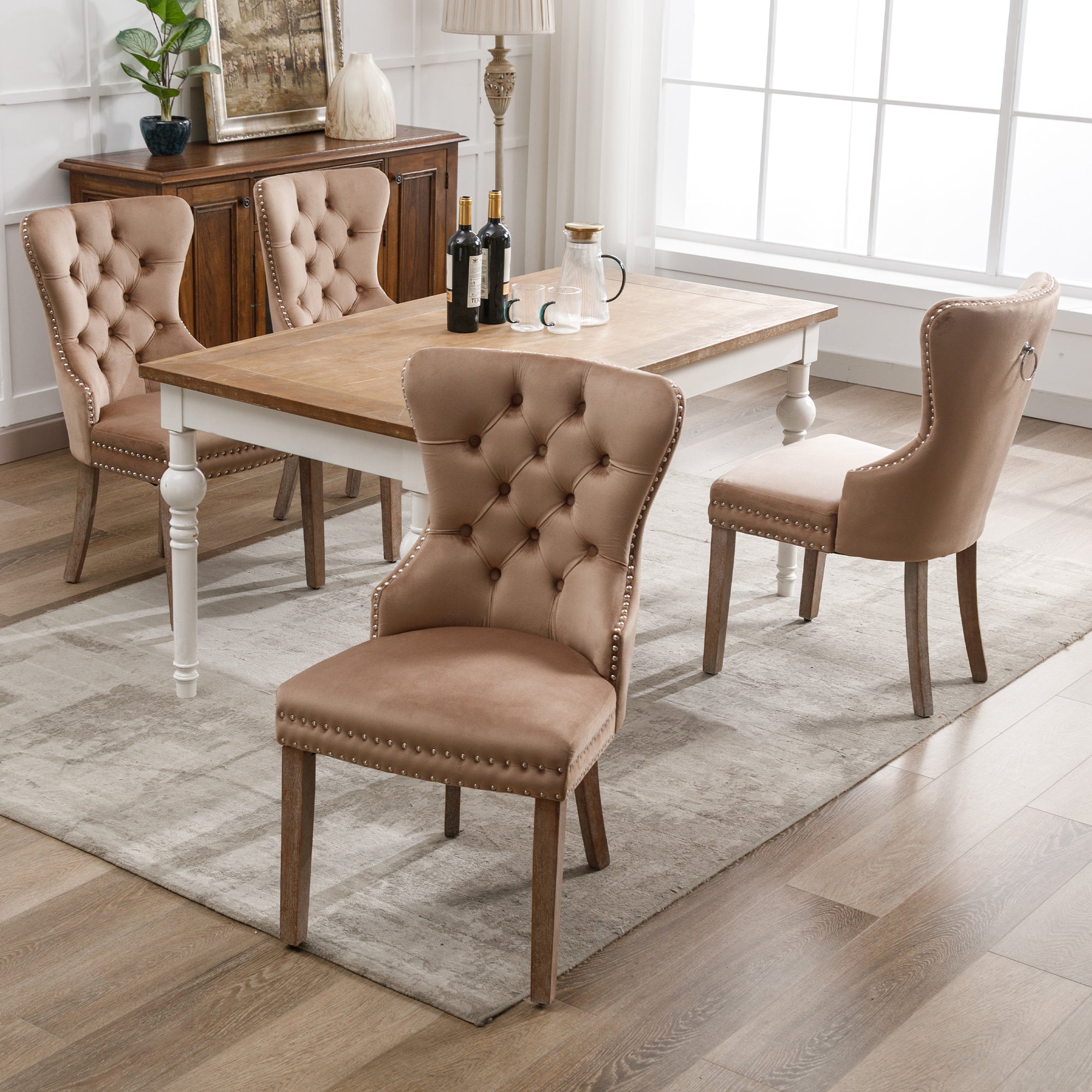 Dining Chair, Upholstered with Nailhead Trim, Solid Wood Legs, Velvet Brown