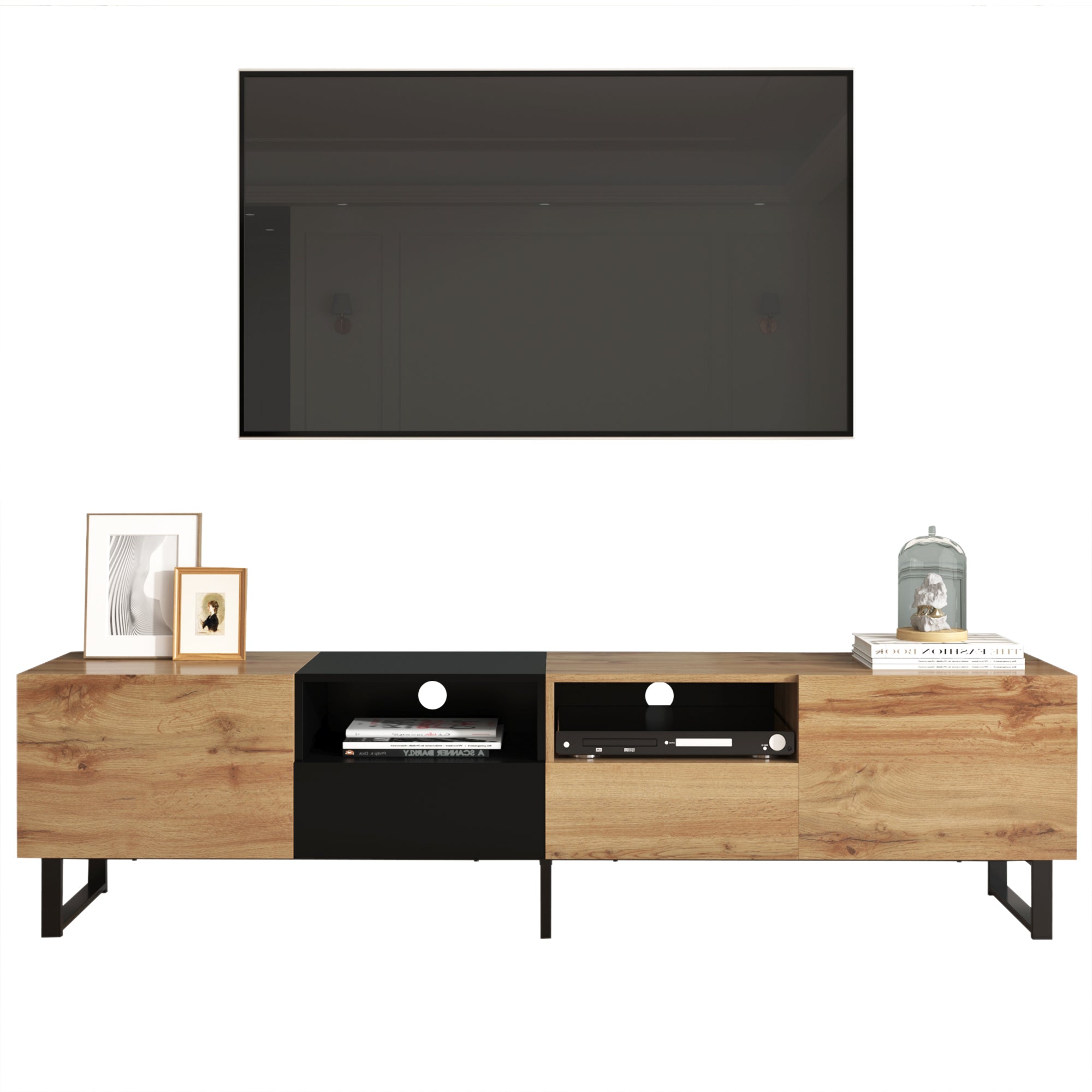 Modern TV Stand with Spacious Storage, Robust Construction, Black and Wood