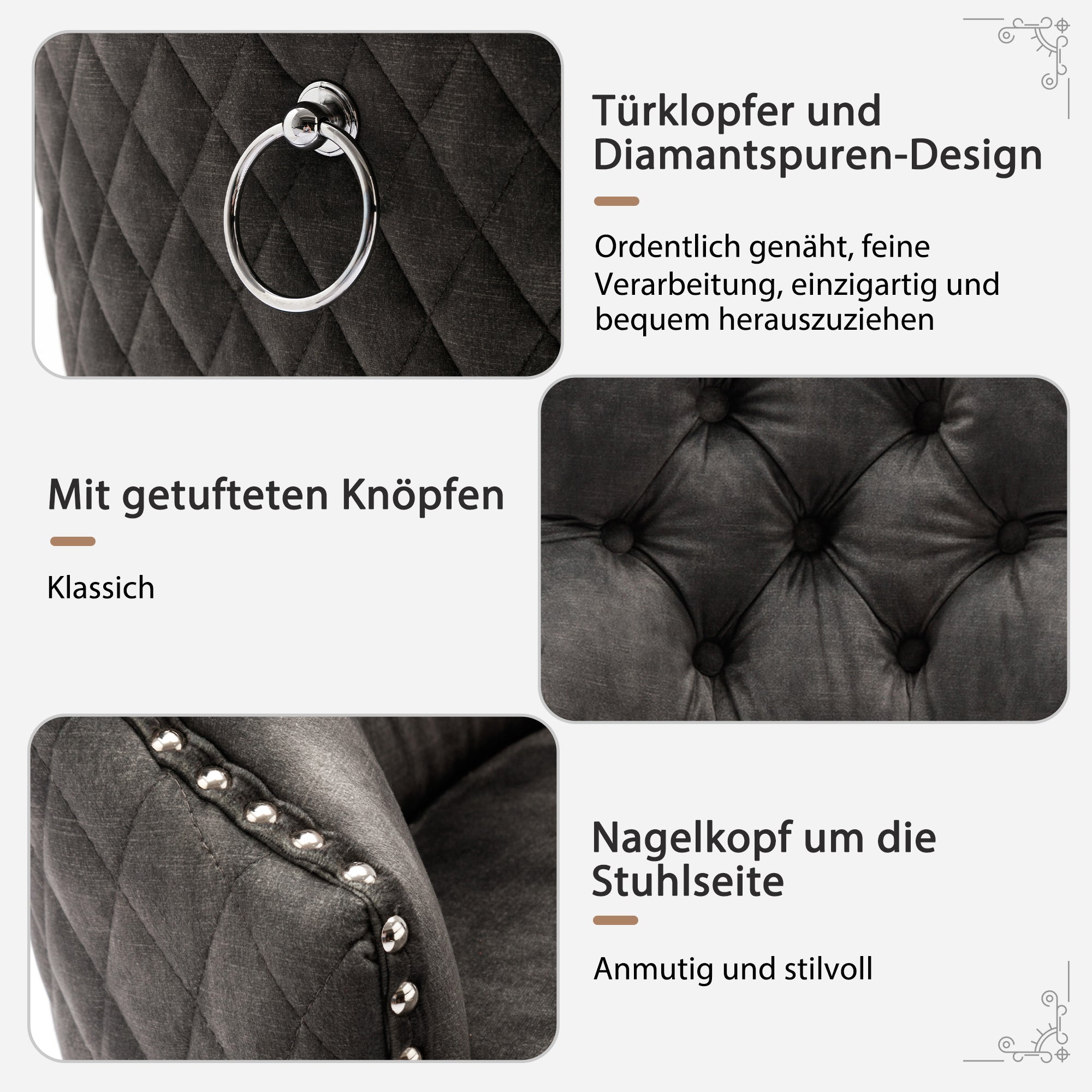 Dining Chair Set (4 pcs) Door Knocker Nailhead Trim Solid Wood Velvet, Grey