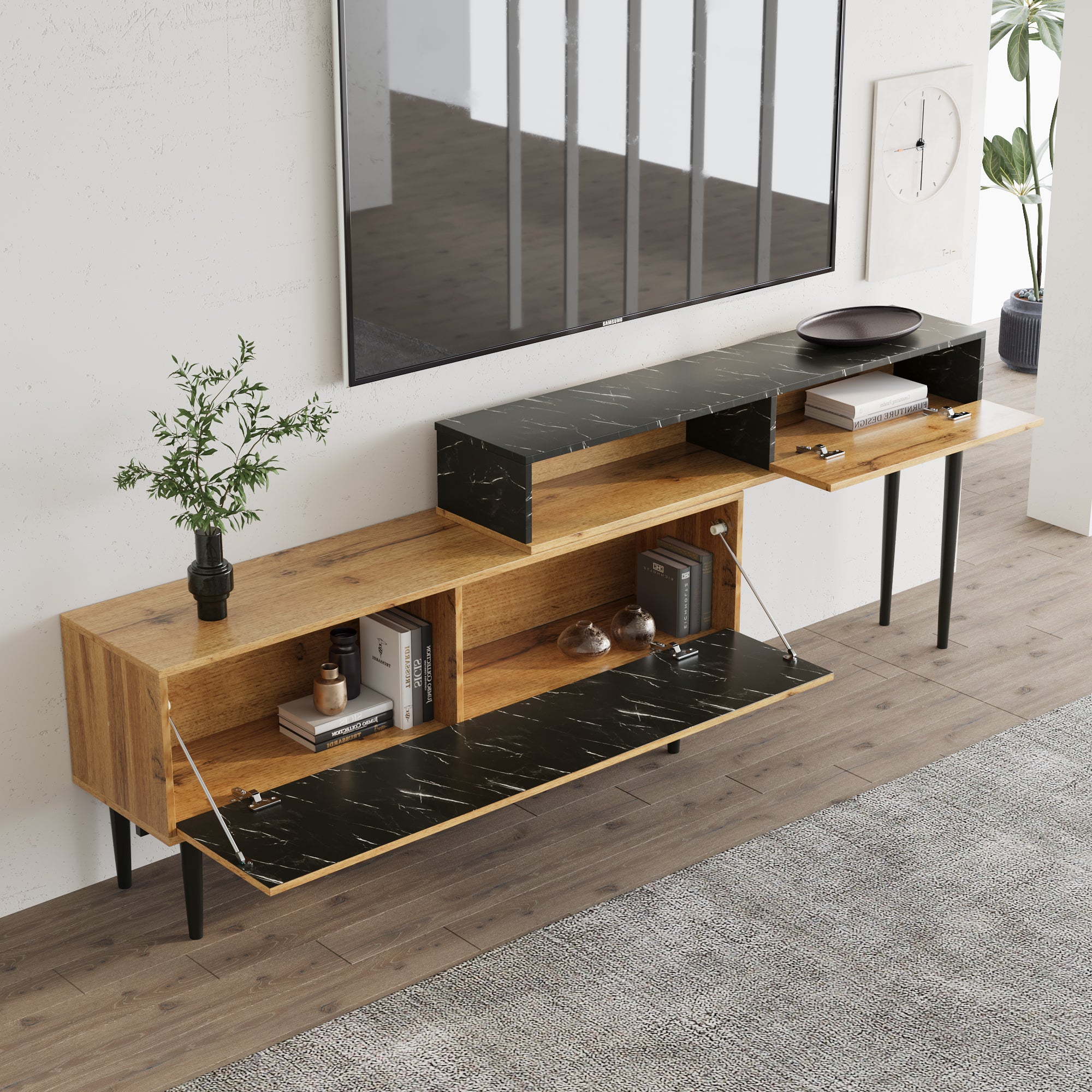 Modern TV Stand, Marble & Wood Grain Design, Dark Wood Color