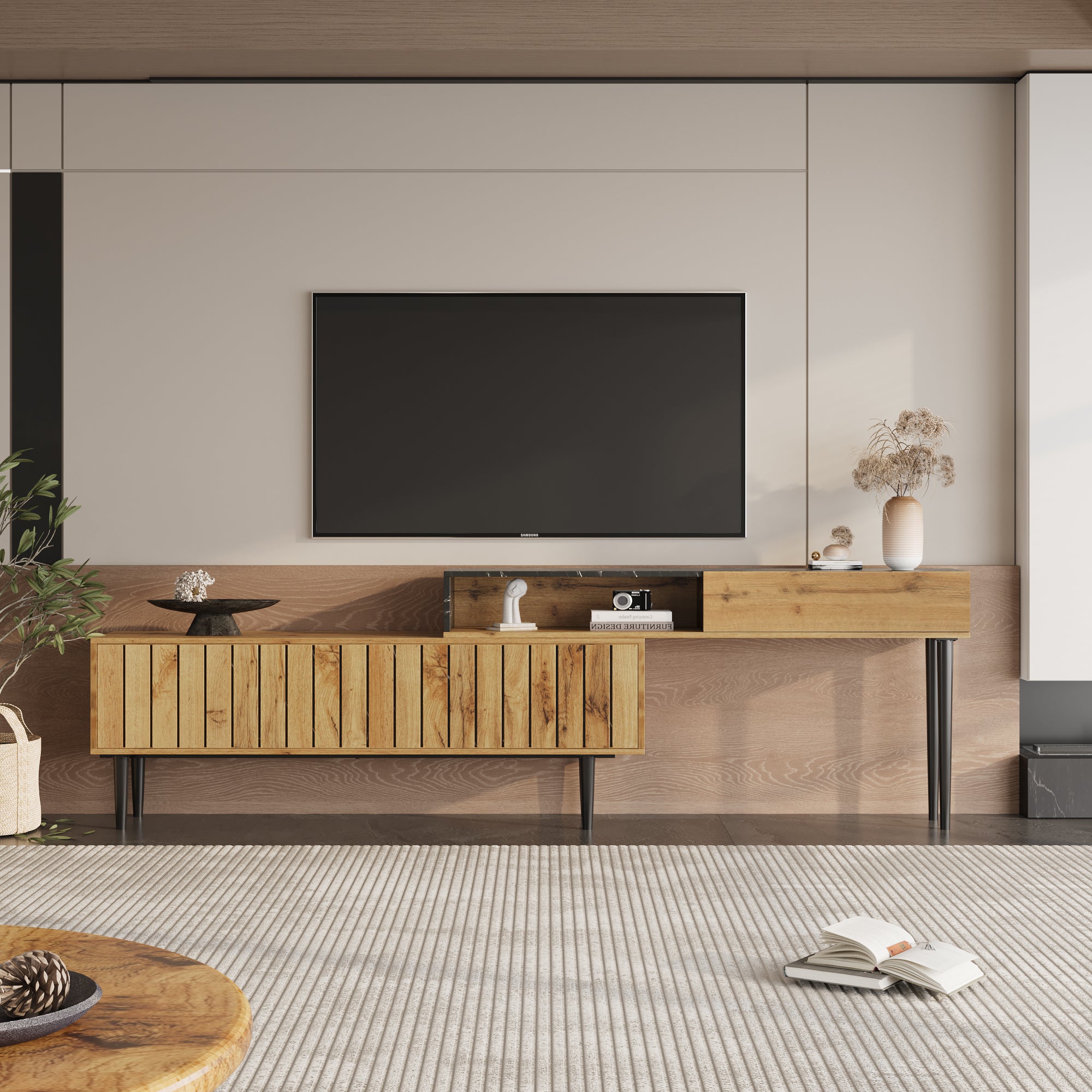 Modern TV Stand, Marble & Wood Grain Design, Dark Wood Color