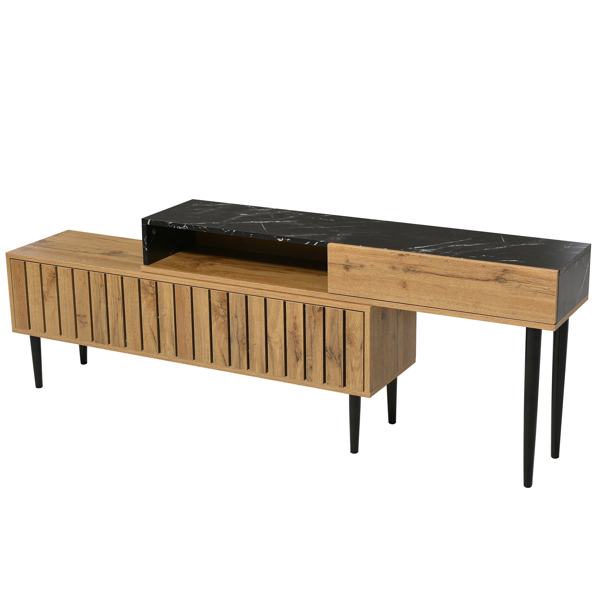 Modern TV Stand, Marble & Wood Grain Design, Dark Wood Color