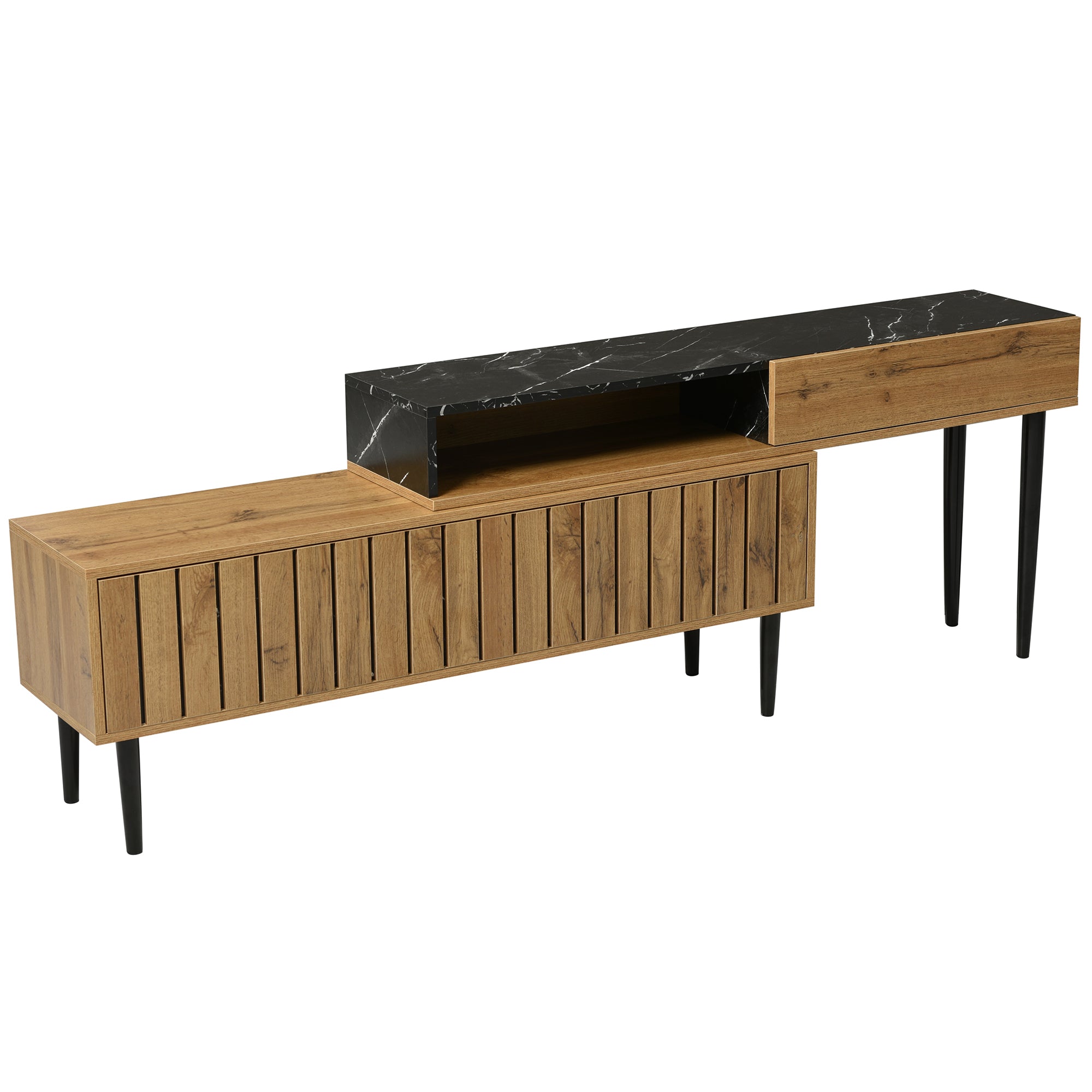 Modern TV Stand, Marble & Wood Grain Design, Dark Wood Color
