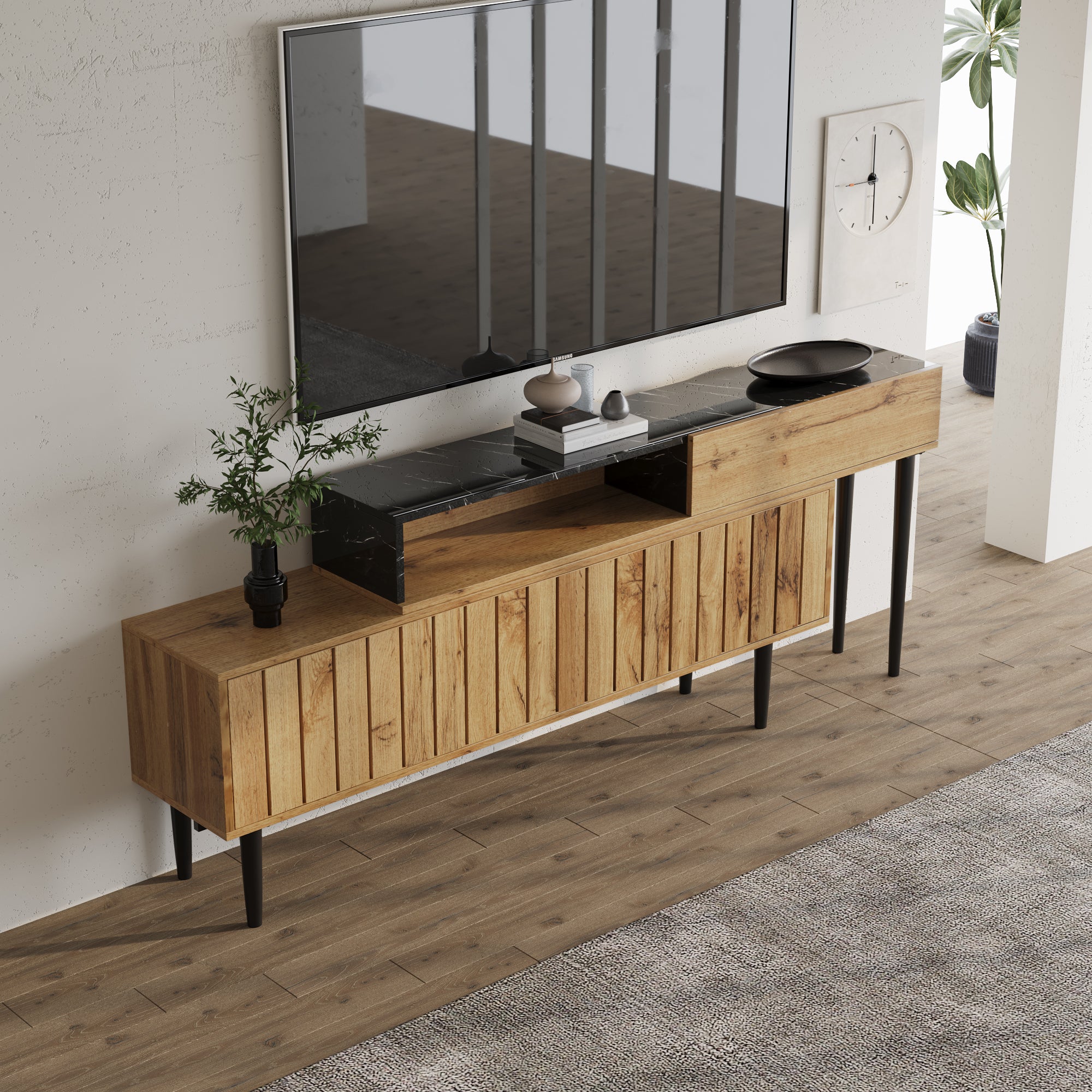 Modern TV Stand, Marble & Wood Grain Design, Dark Wood Color