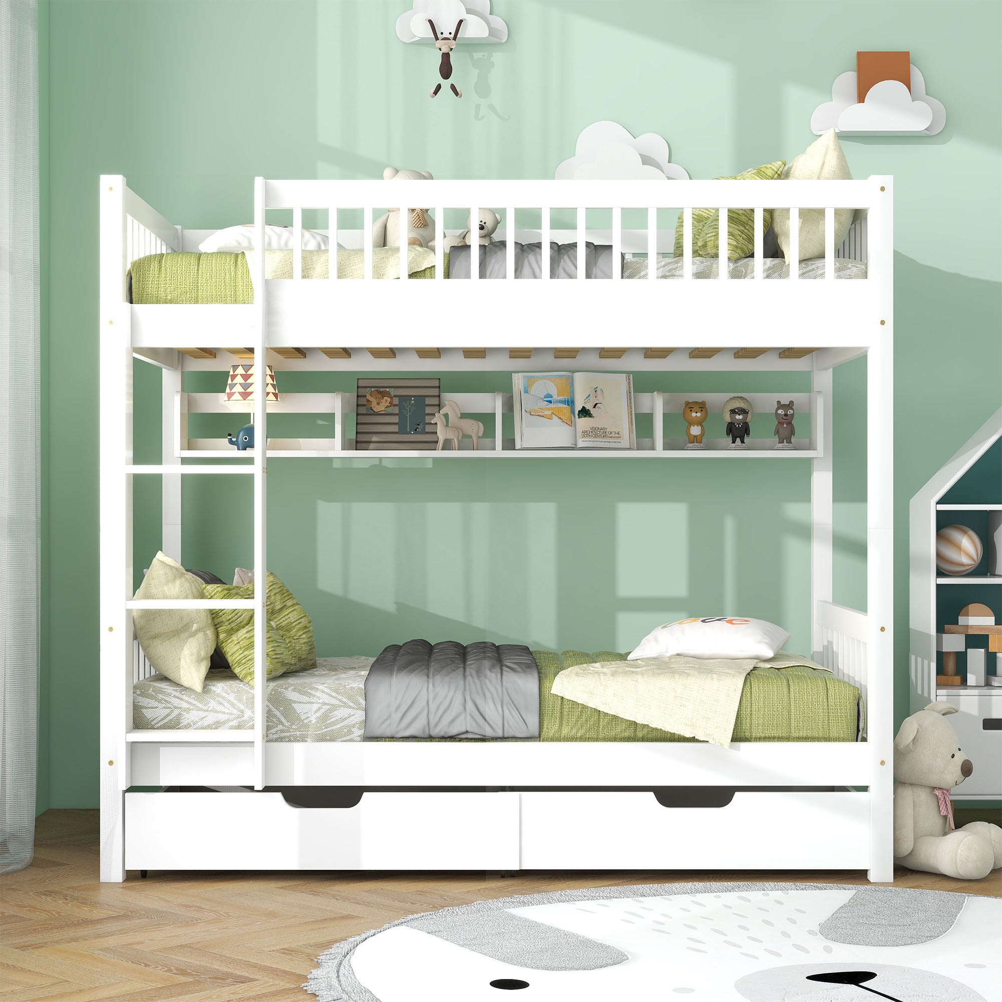 Bunk Bed, Kids Children, 3FT Solid Pine Wood Single Bed Frame, with Shelf & Slide Drawer Storage, White