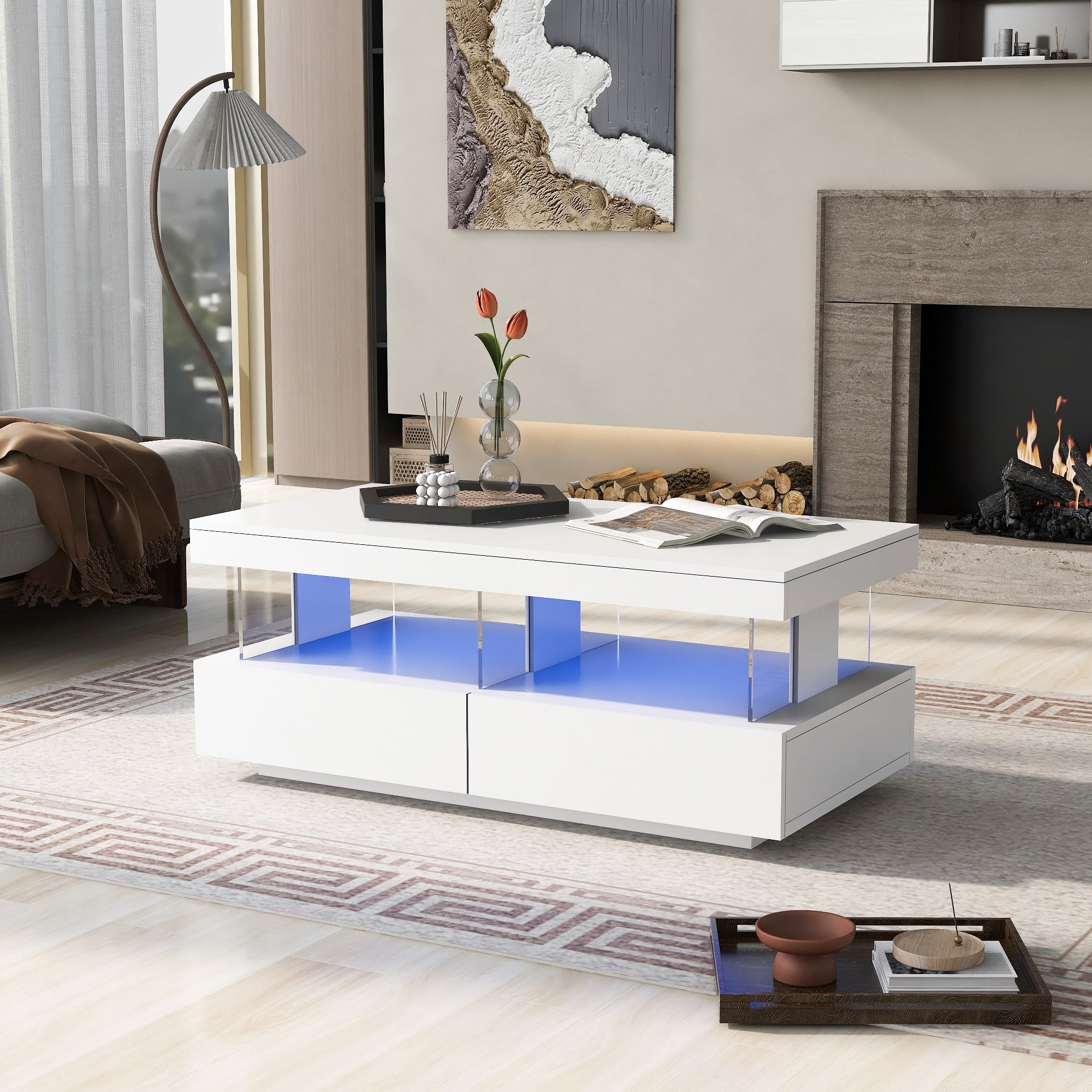 Modern Coffee Table with High-Gloss Top and 2 Drawers, White