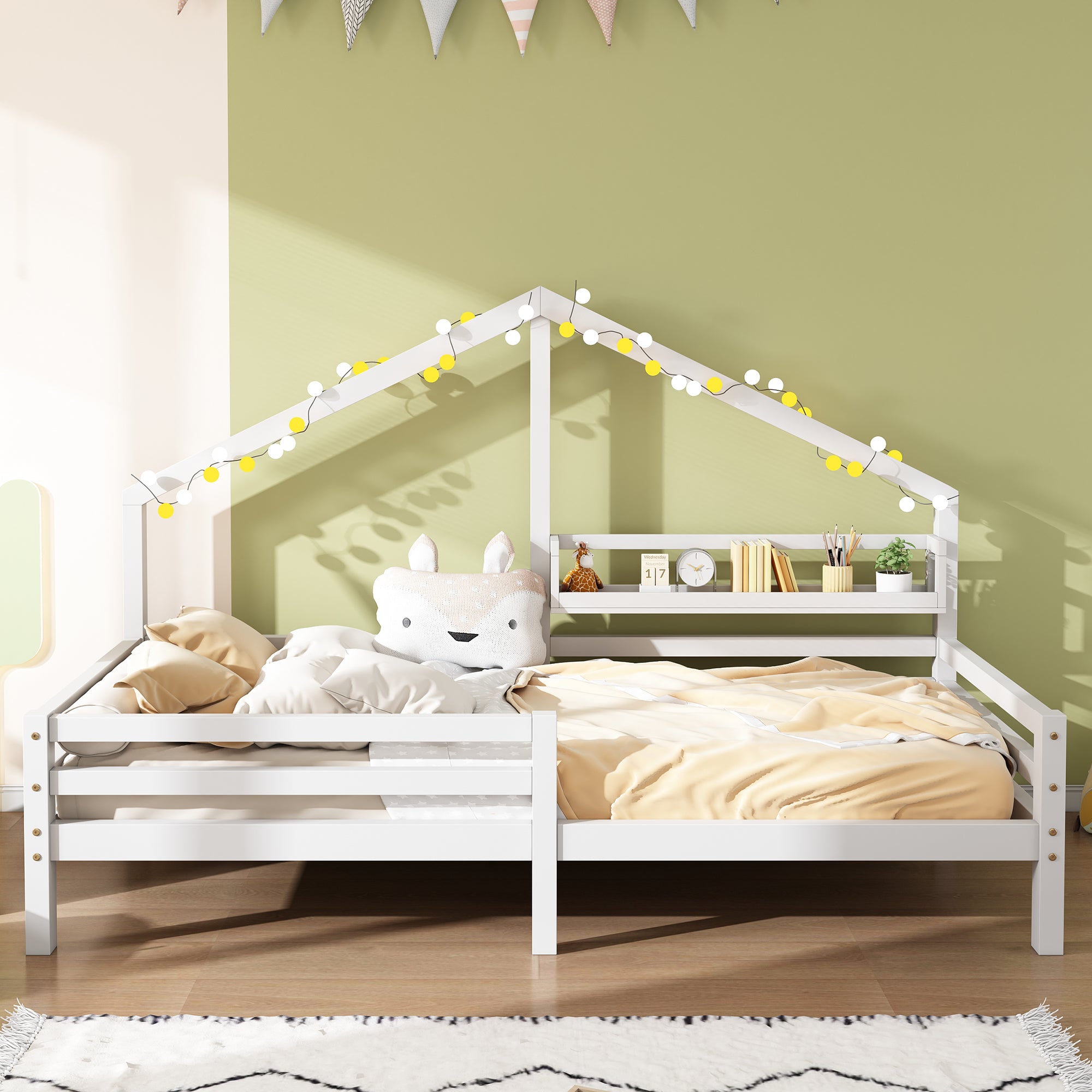 House Bed Children's Bed, Storage Shelf Fireplace Shape 90x200 cm, White