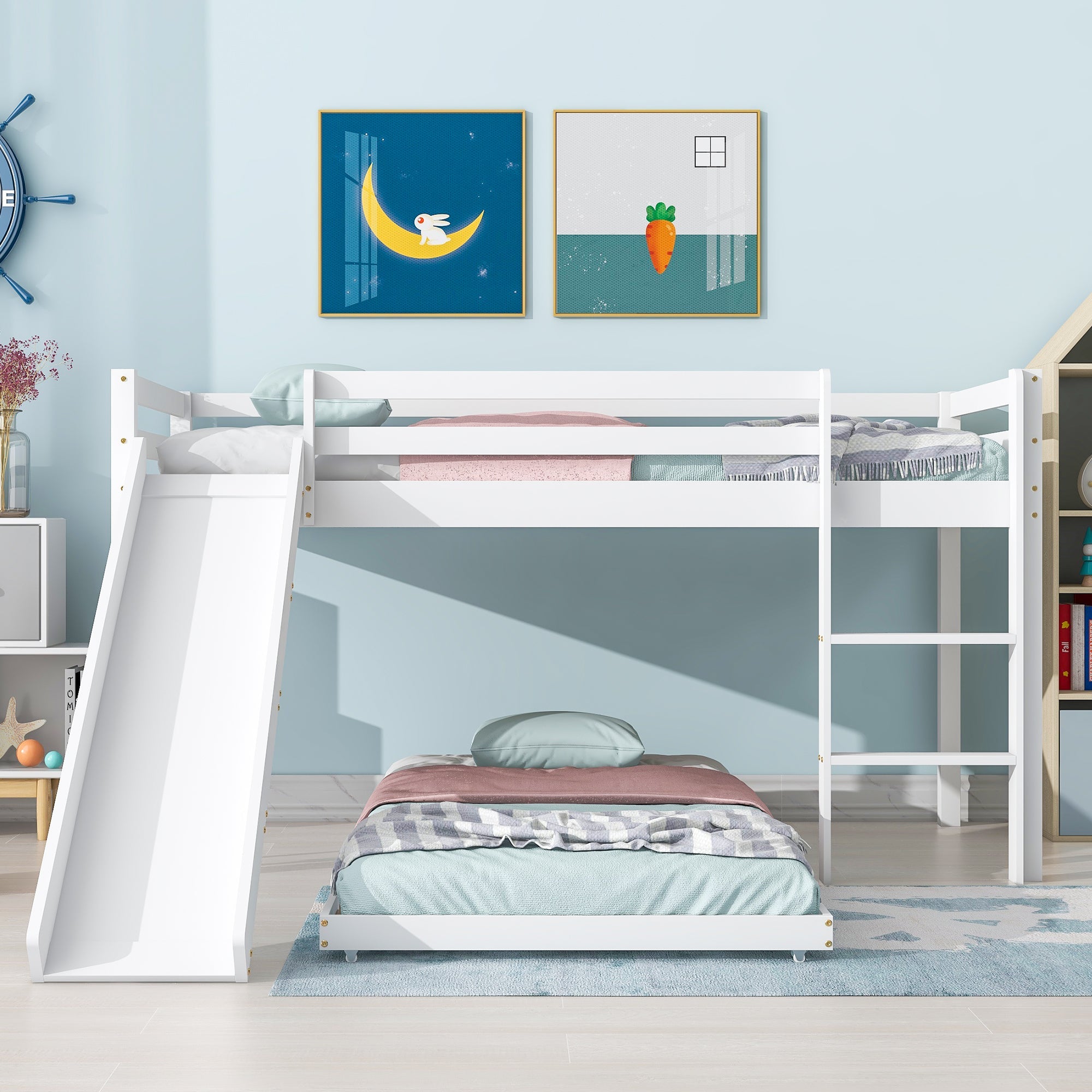 Children's Cabin Bed Frame with Slide & Ladder, Bunk Bed with Adjustable Lower Bed, White Wood