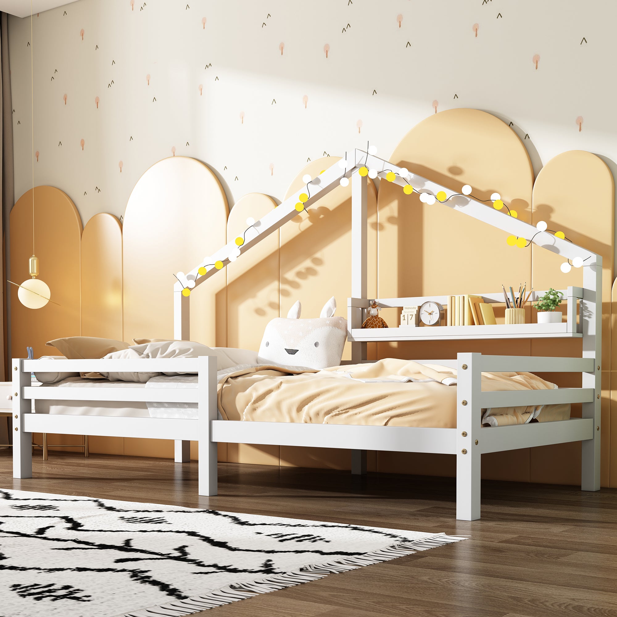 House Bed Children's Bed, Storage Shelf Fireplace Shape 90x200 cm, White