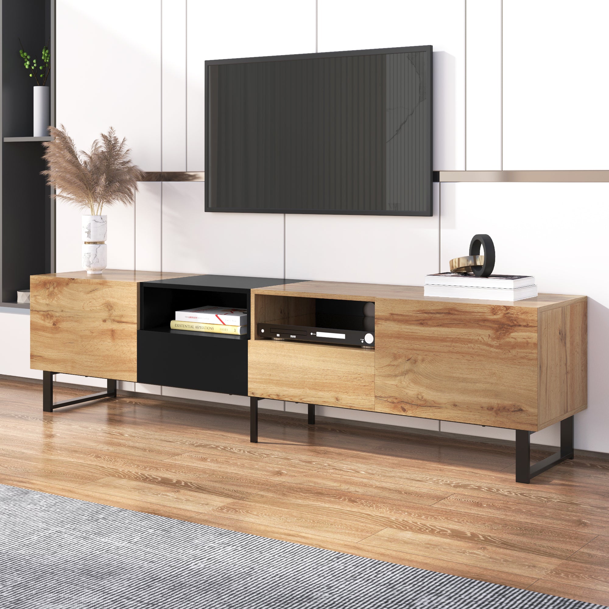 Modern TV Stand with Spacious Storage, Robust Construction, Black and Wood