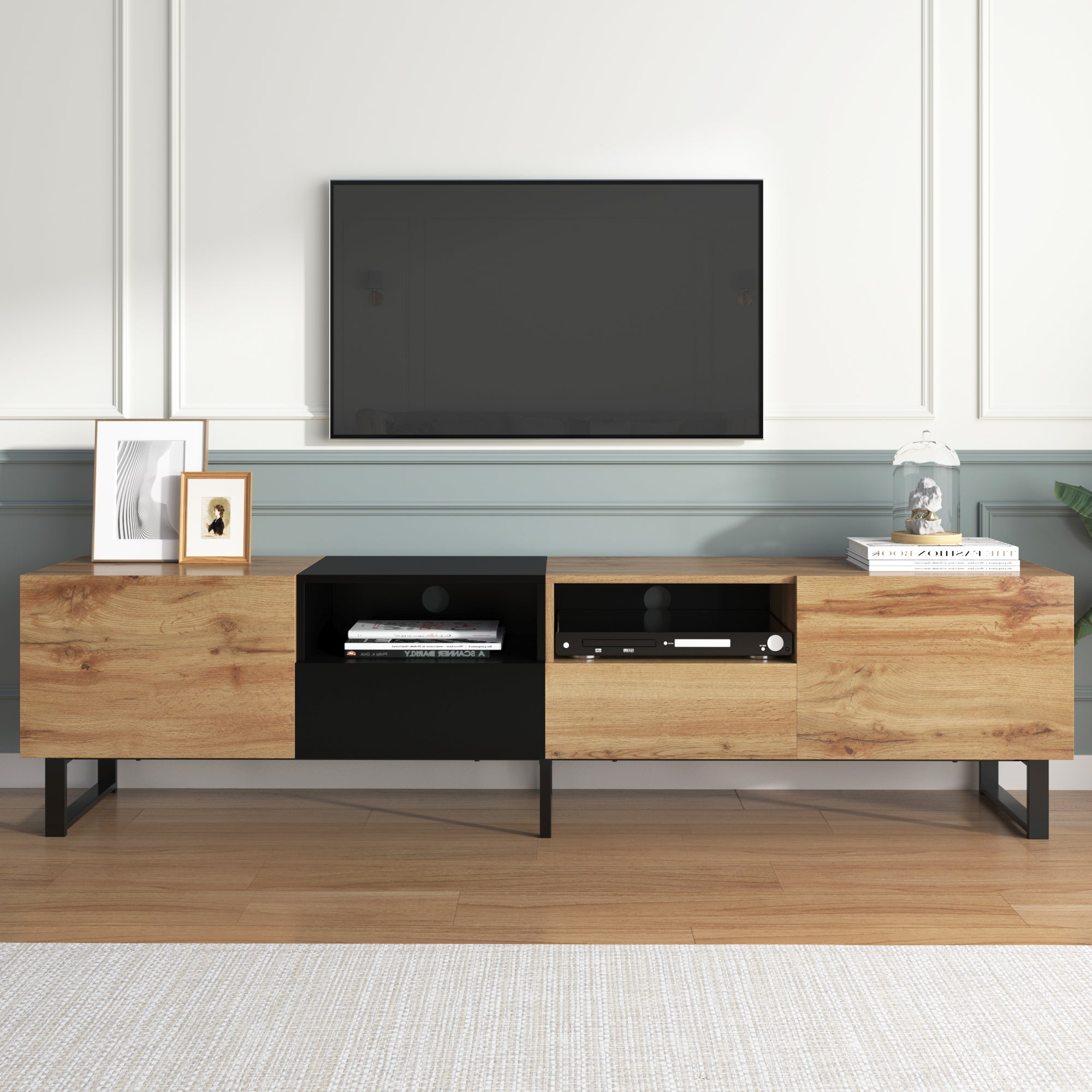 Modern TV Stand with Spacious Storage, Robust Construction, Black and Wood