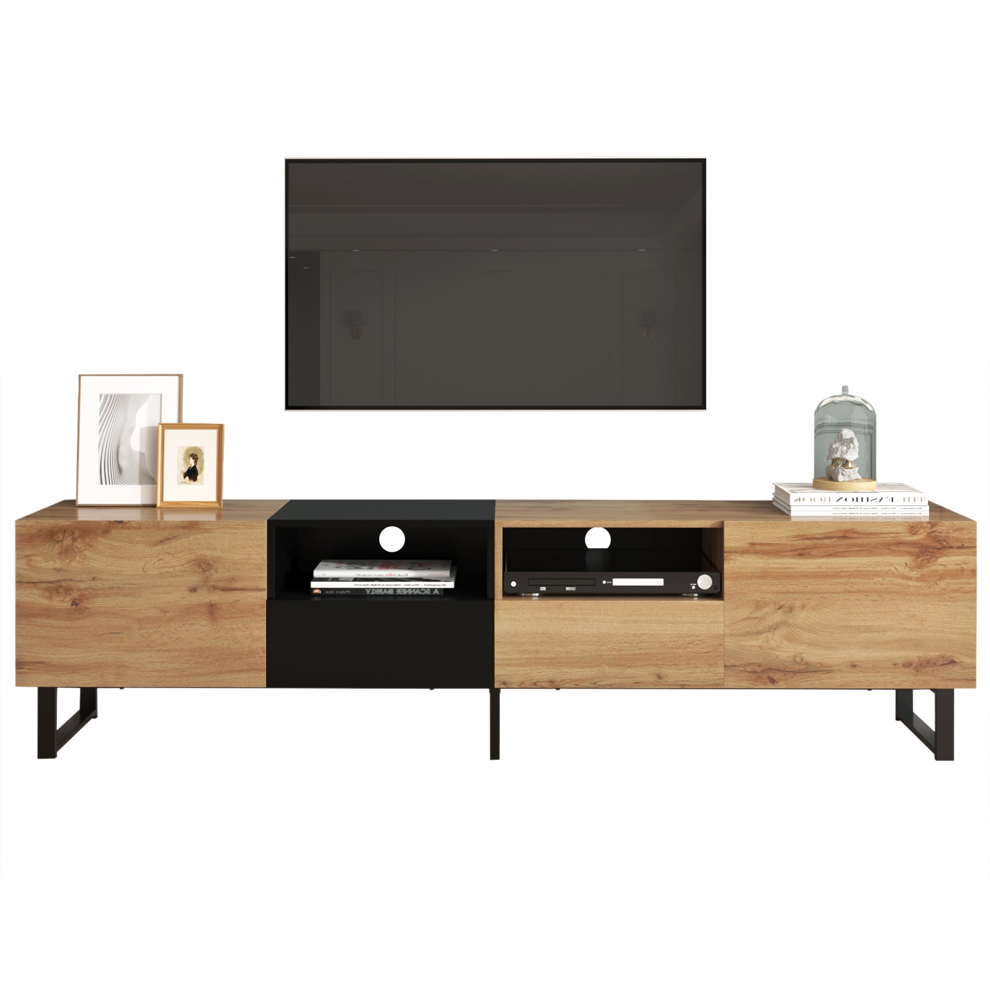 Modern TV Stand with Spacious Storage, Robust Construction, Black and Wood
