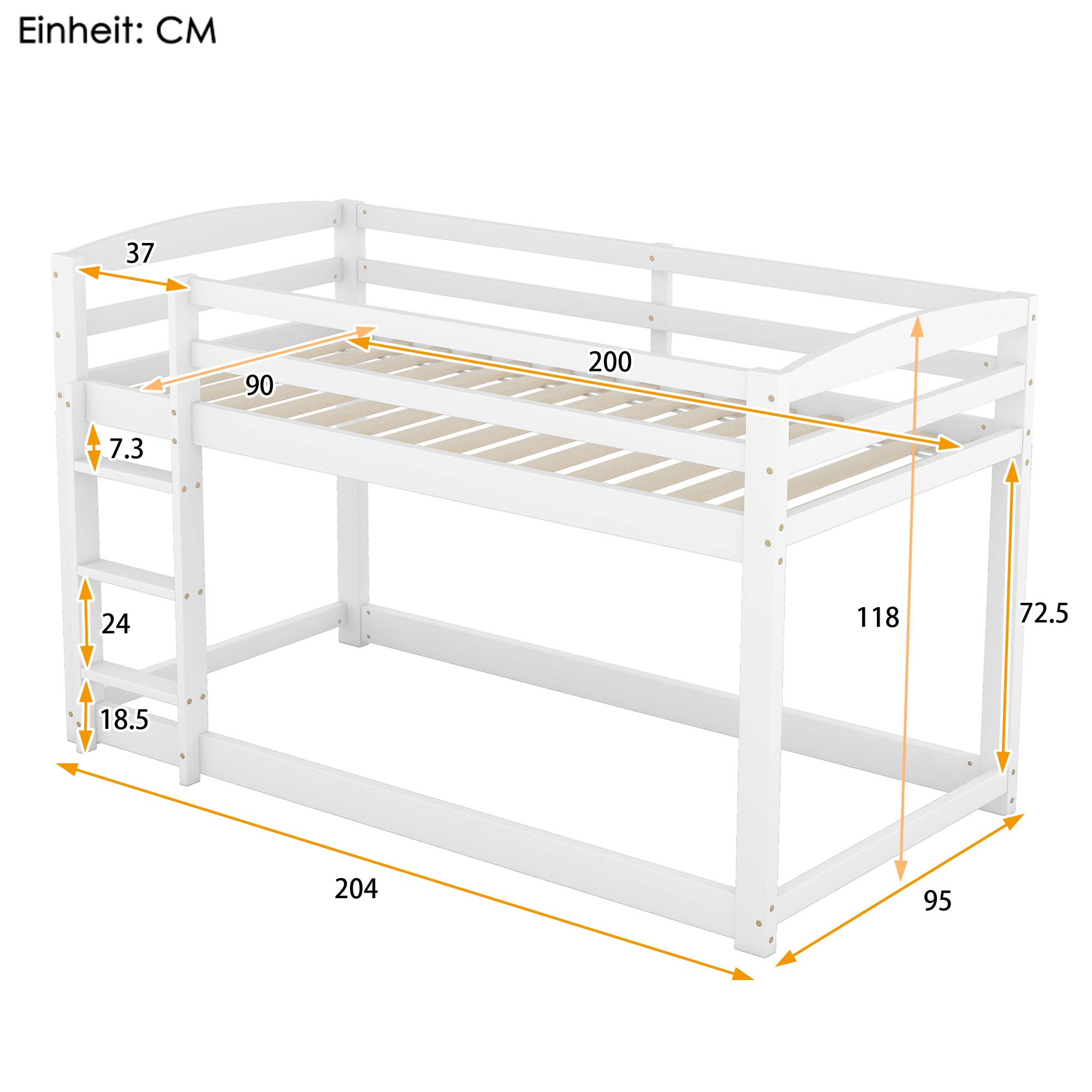 Bunk Bed, Solid Pine Frame, Easy Assembly, 90x200cm, White