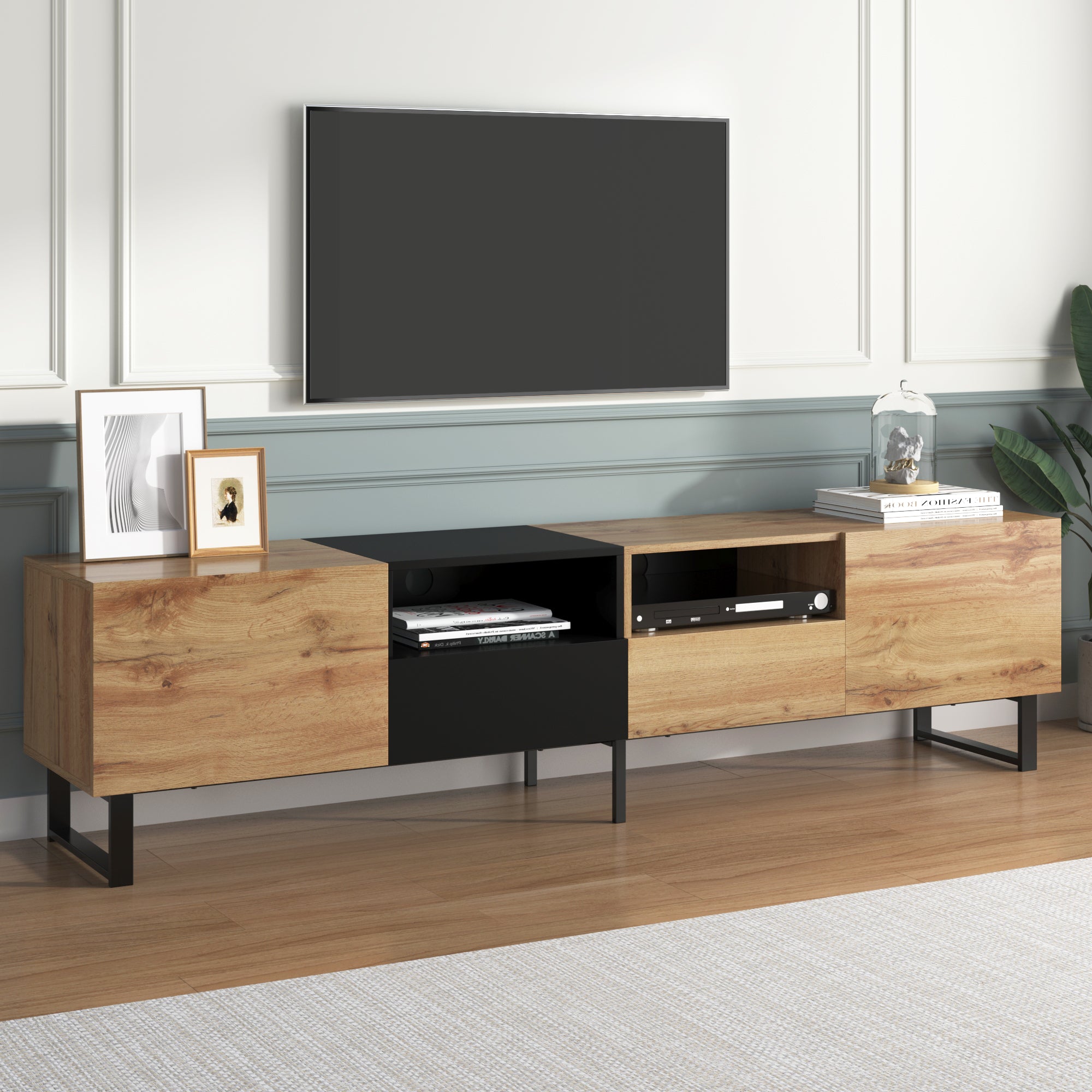 Modern TV Stand with Spacious Storage, Robust Construction, Black and Wood