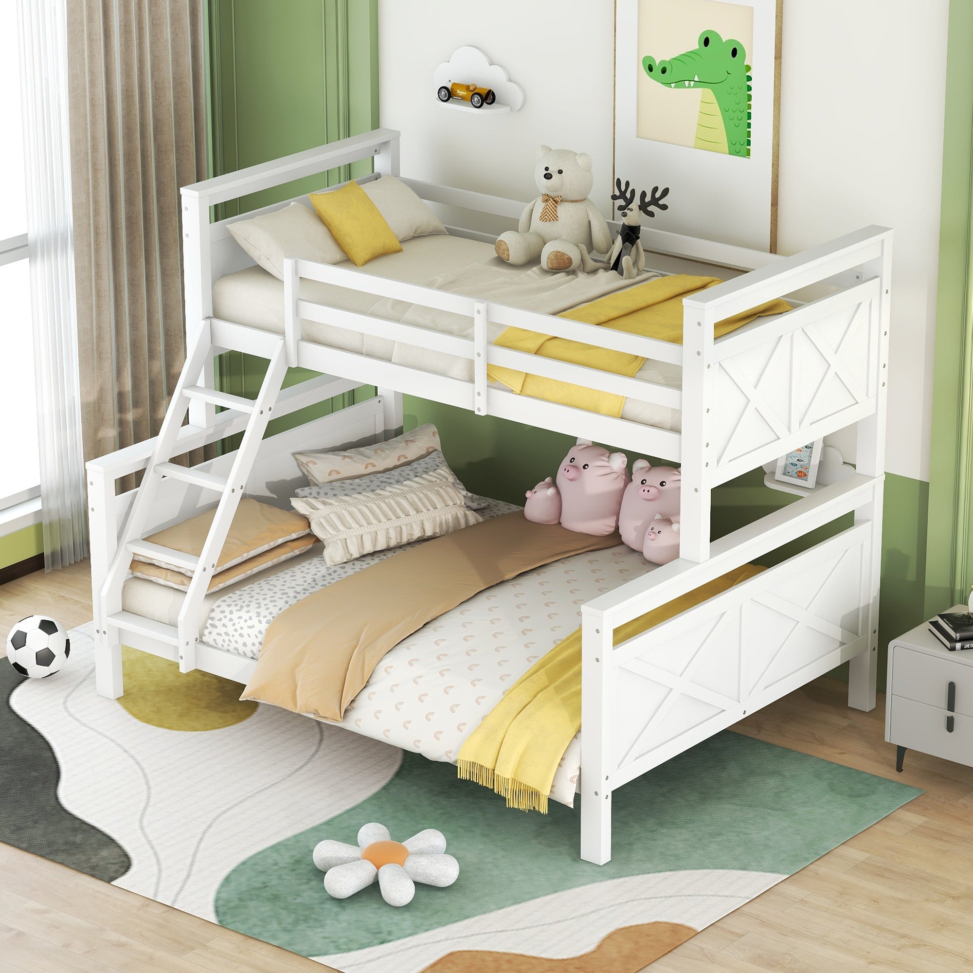 Bunk Bed Convertible to 2 Separate Beds Ladder Railing 90(140)x200cm - White Wood