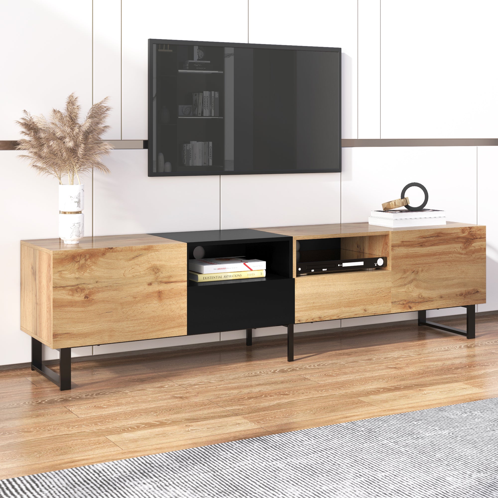 Modern TV Stand with Spacious Storage, Robust Construction, Black and Wood