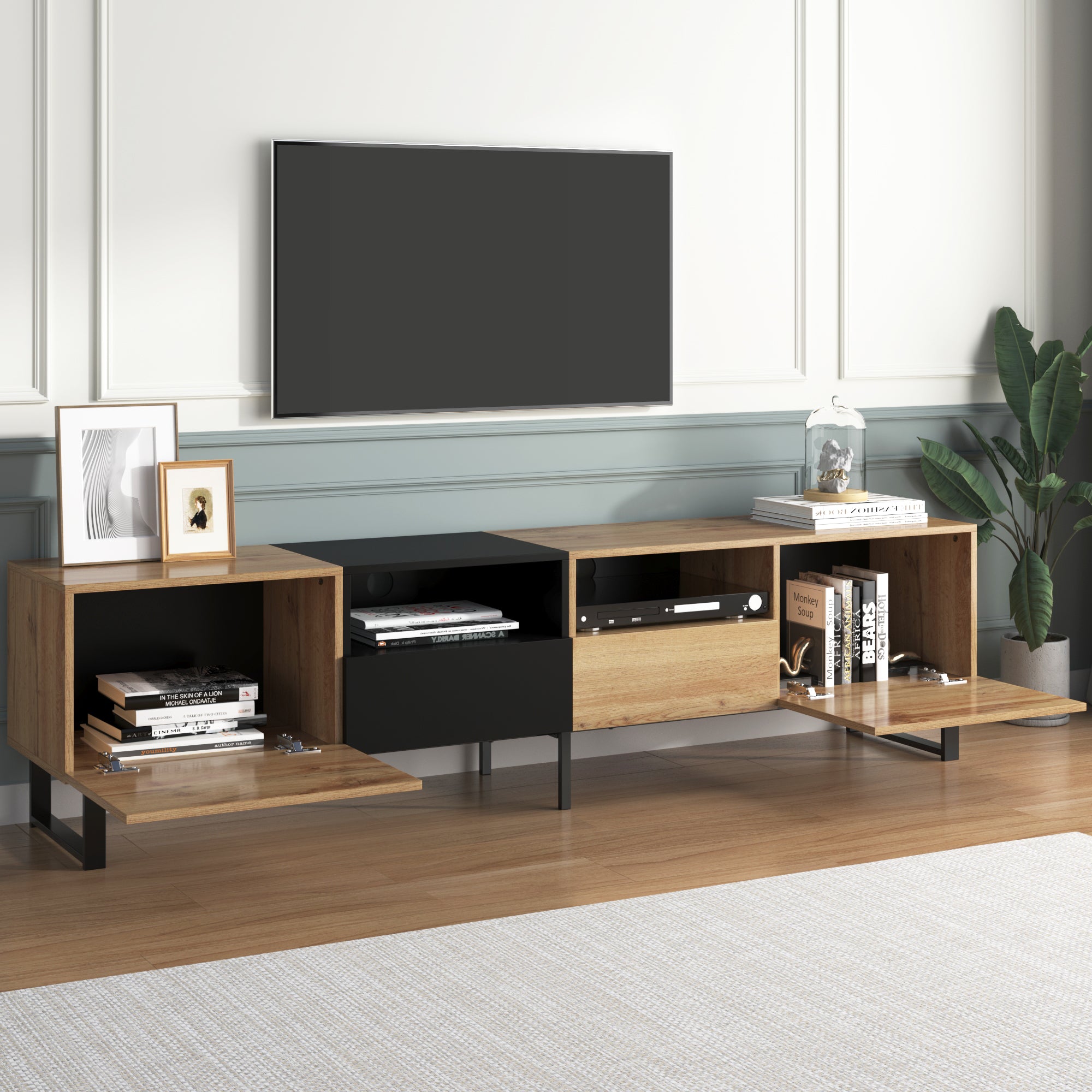 Modern TV Stand with Spacious Storage, Robust Construction, Black and Wood