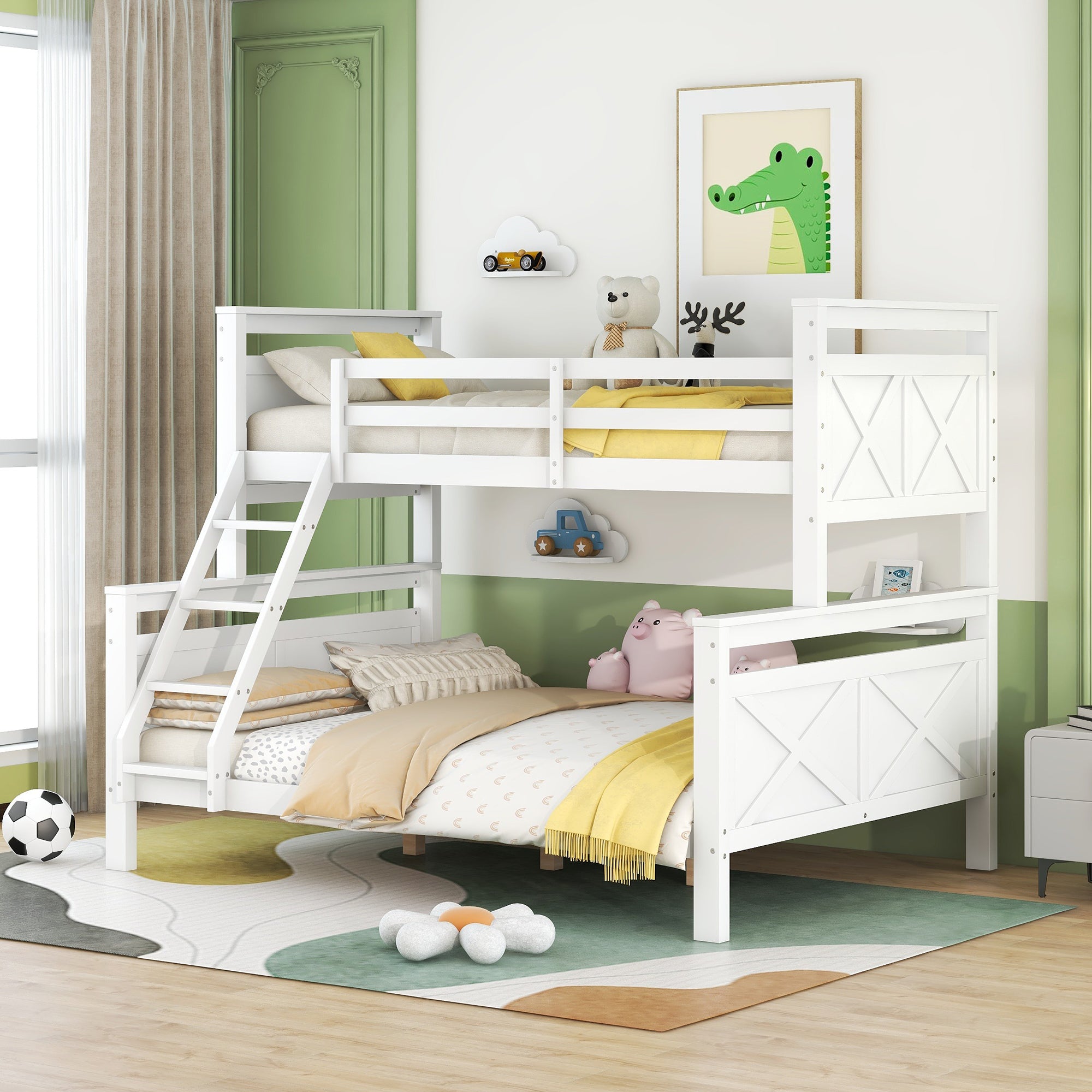 Bunk Bed Convertible to 2 Separate Beds Ladder Railing 90(140)x200cm - White Wood