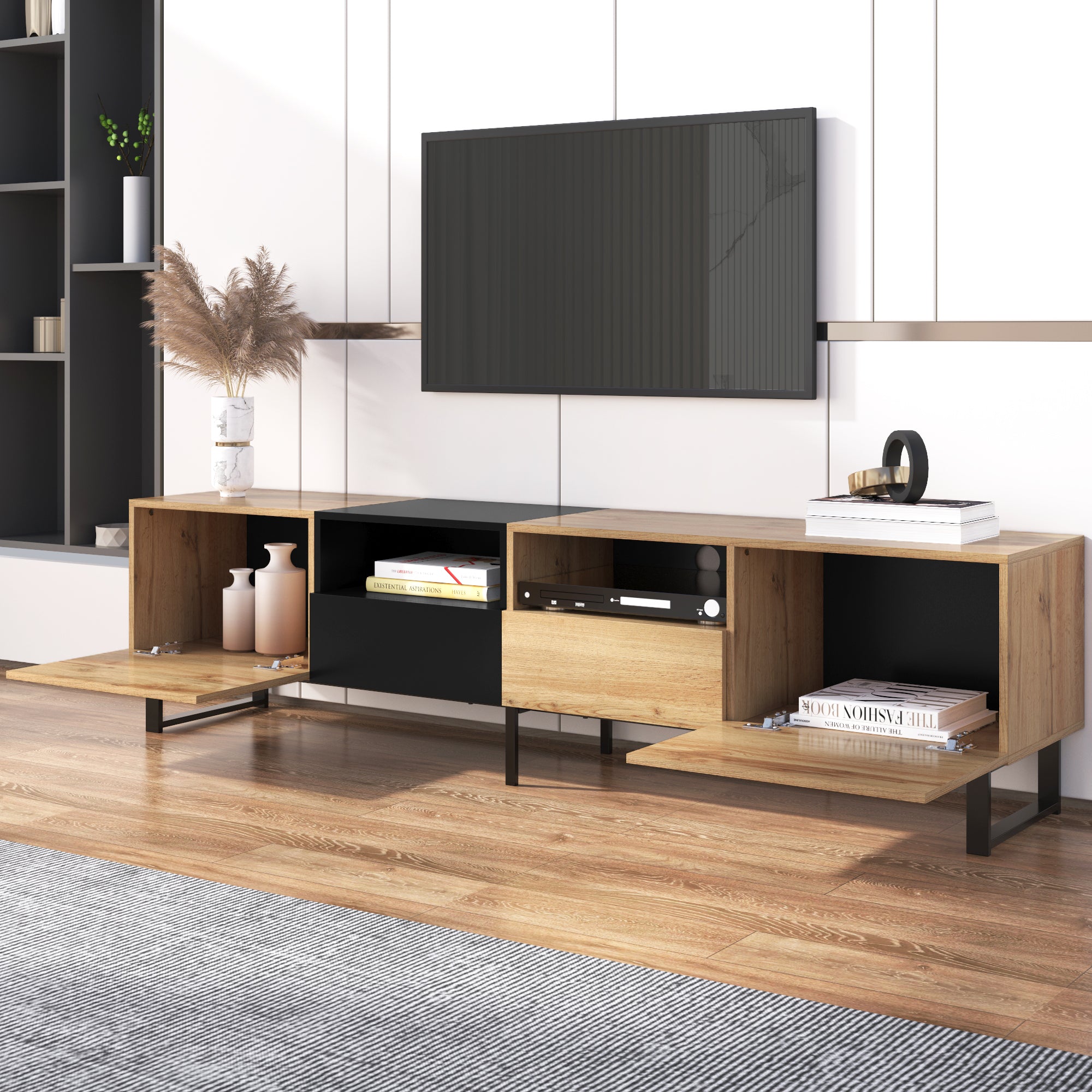 Modern TV Stand with Spacious Storage, Robust Construction, Black and Wood