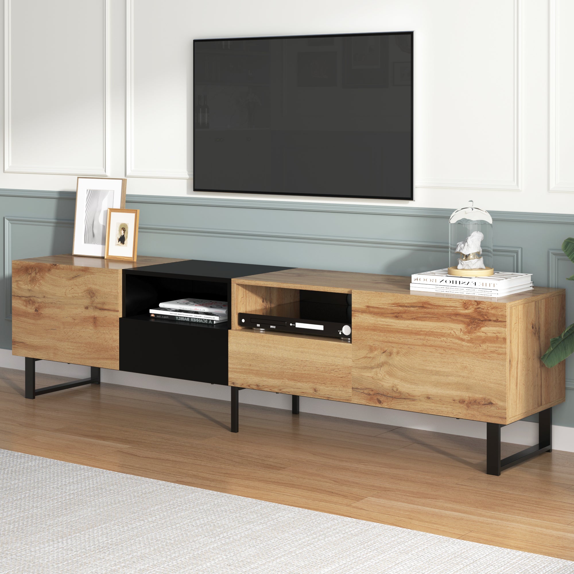 Modern TV Stand with Spacious Storage, Robust Construction, Black and Wood