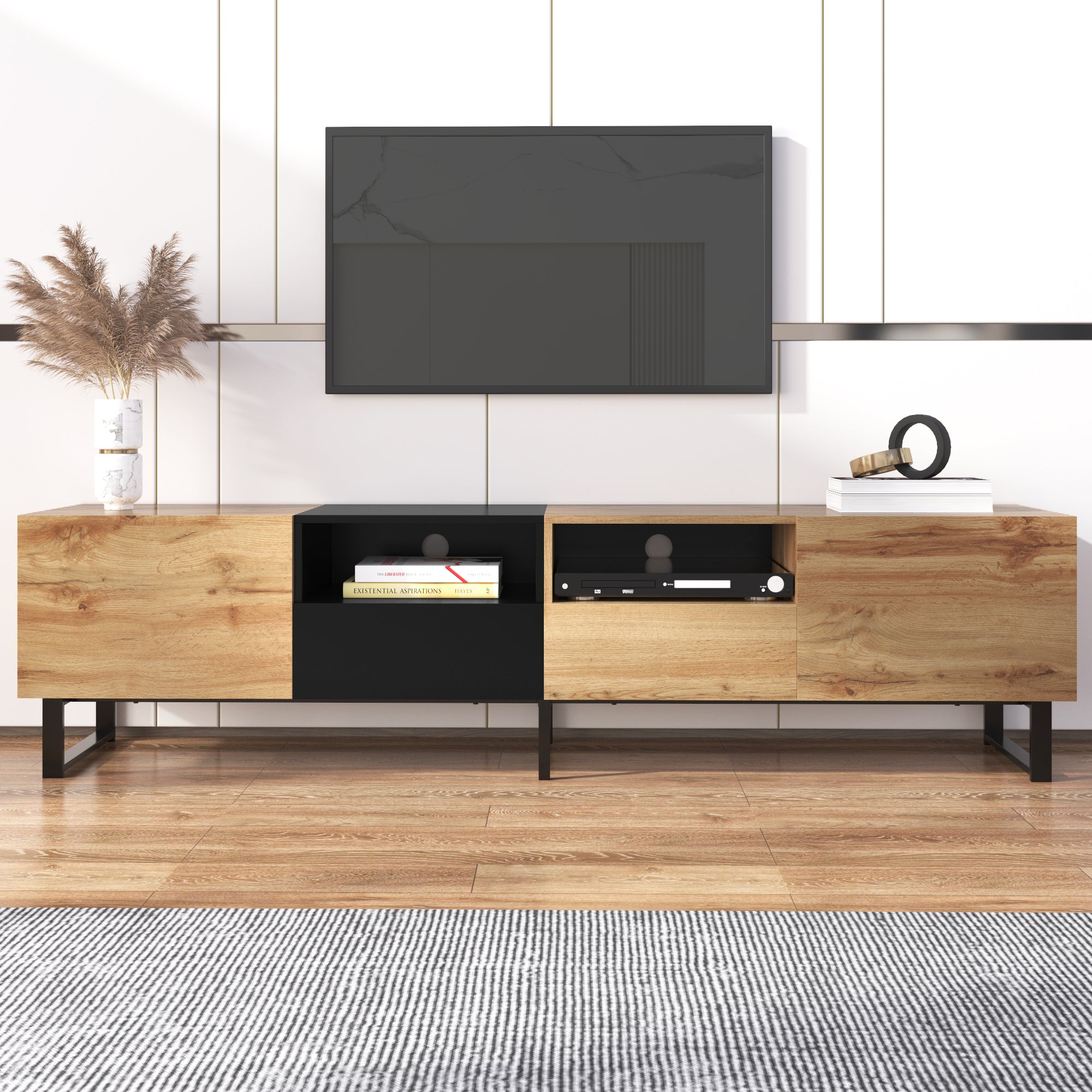 Modern TV Stand with Spacious Storage, Robust Construction, Black and Wood