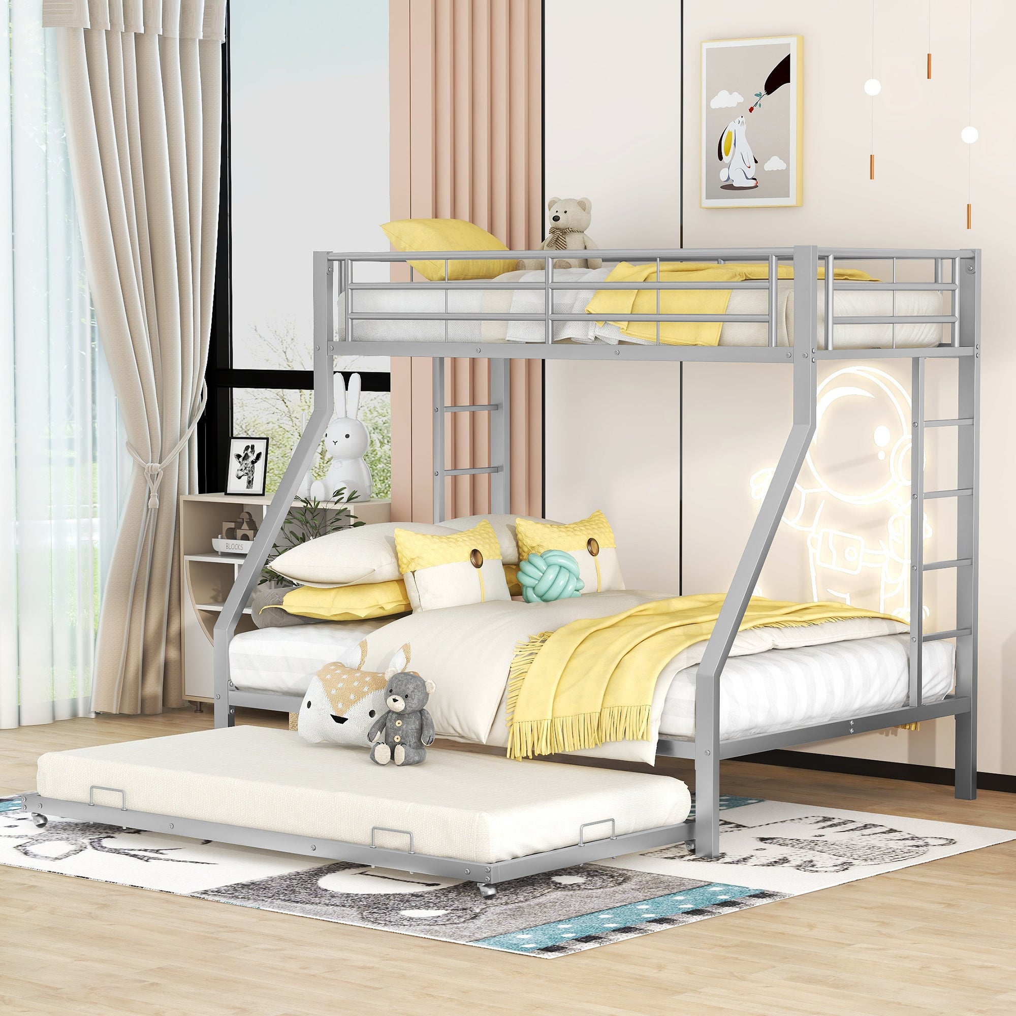 Bunk Bed, Metal with Pull-Out Bed, Ladder, 90(140)x200cm, Silver