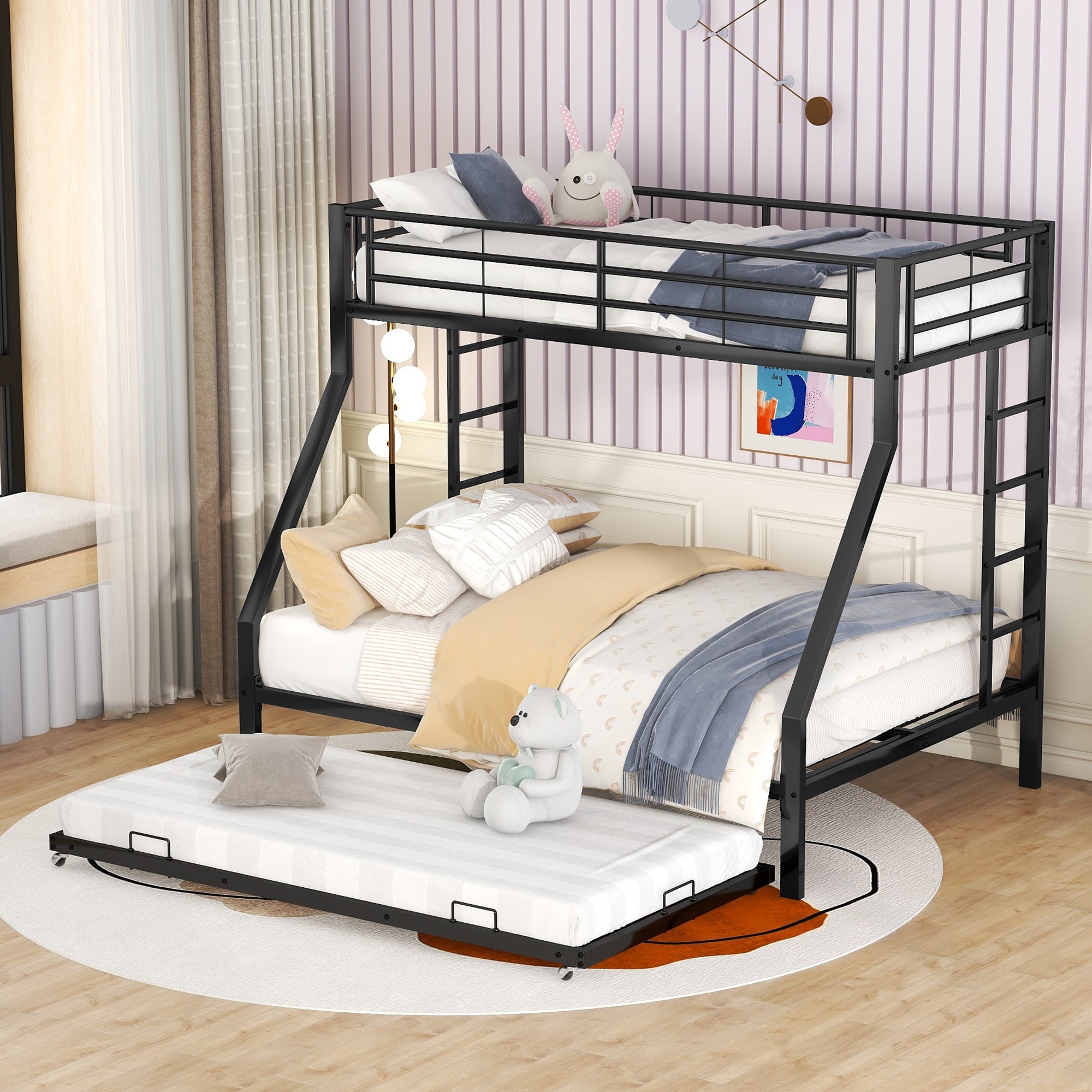 Bunk Bed Pull-Out Bed Ladder on Both Sides Metal, Black