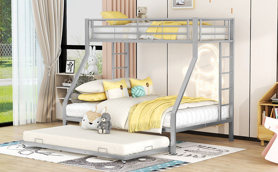 Bunk Bed, Metal with Pull-Out Bed, Ladder, 90(140)x200cm, Silver