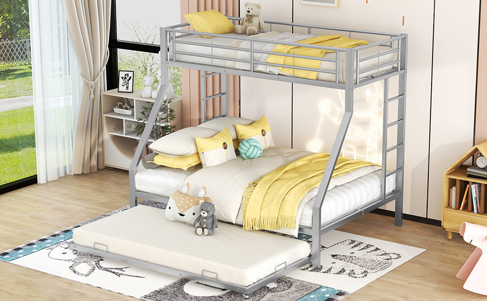 Bunk Bed, Metal with Pull-Out Bed, Ladder, 90(140)x200cm, Silver