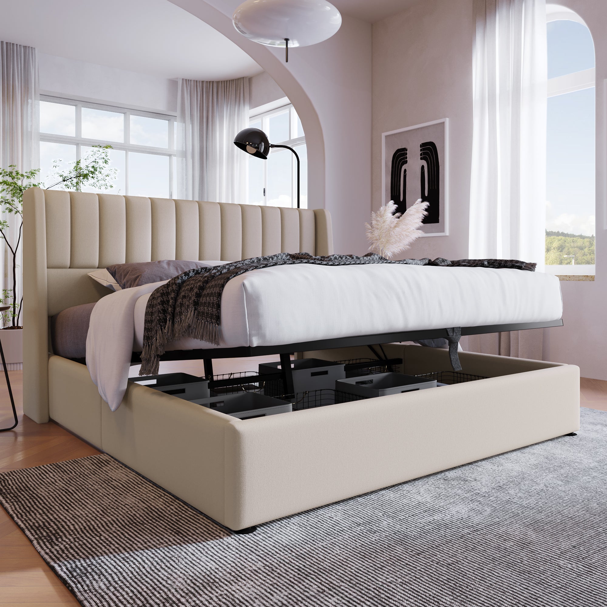 Storage Bed, Upholstered Hydraulic Double 160x200cm, Linen Beige