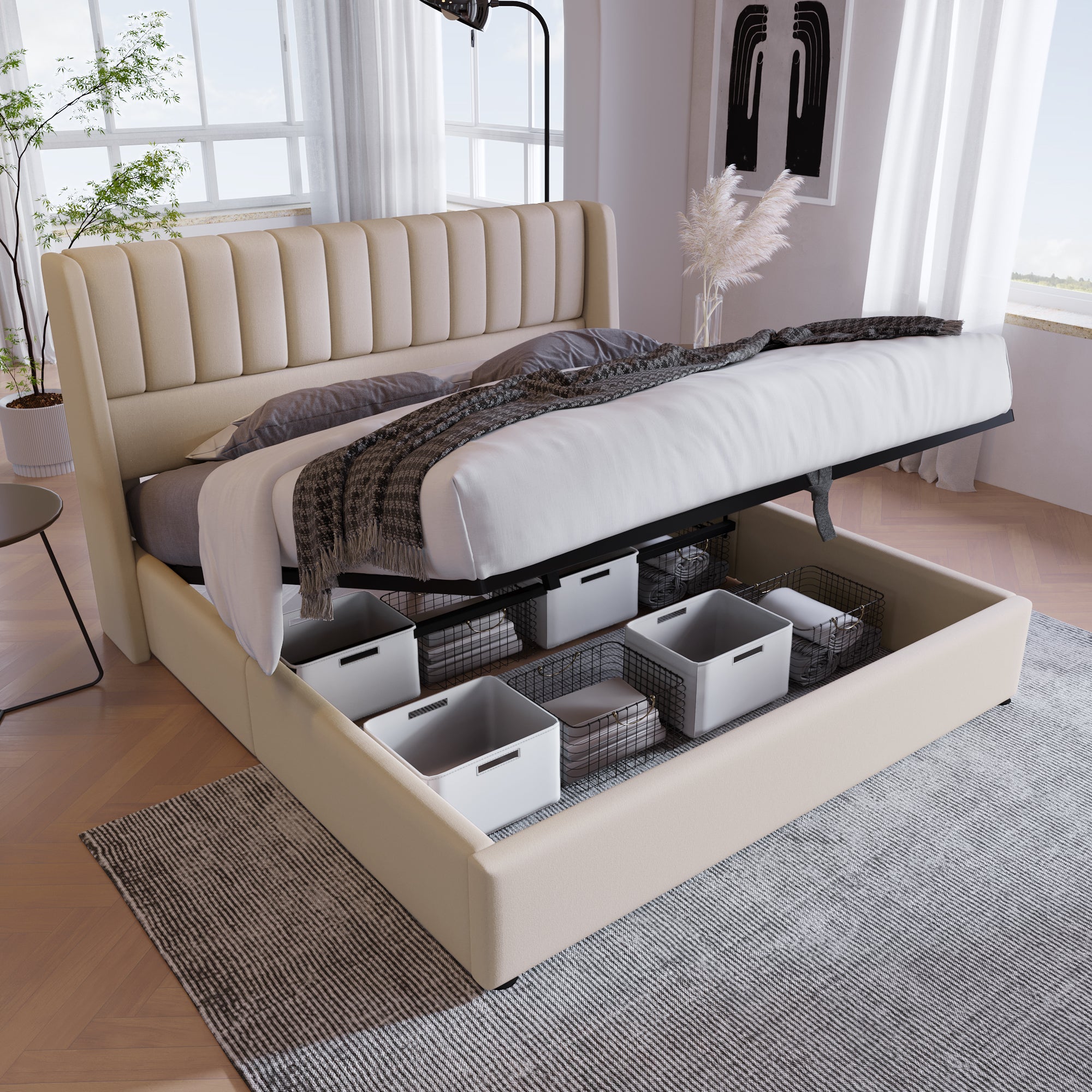 Storage Bed, Upholstered Hydraulic Double 160x200cm, Linen Beige