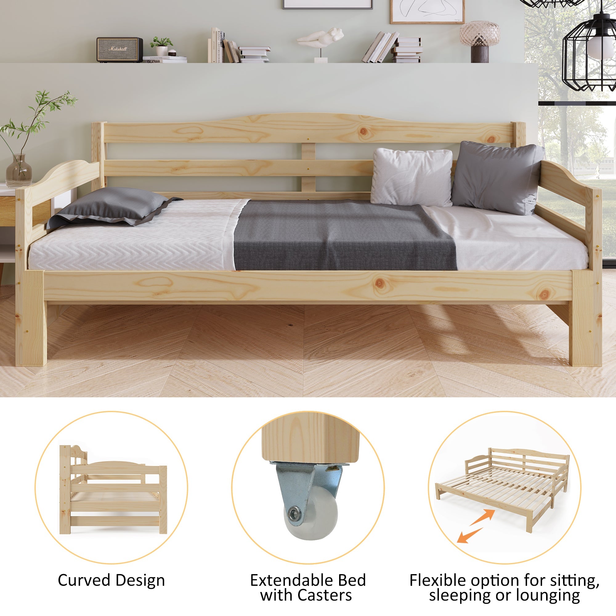 Daybed Cabin Bed Single Guest Bed Sofa Bed with Pull-out Trundle for Living Room and Bedroom, 90x190cm - Natural