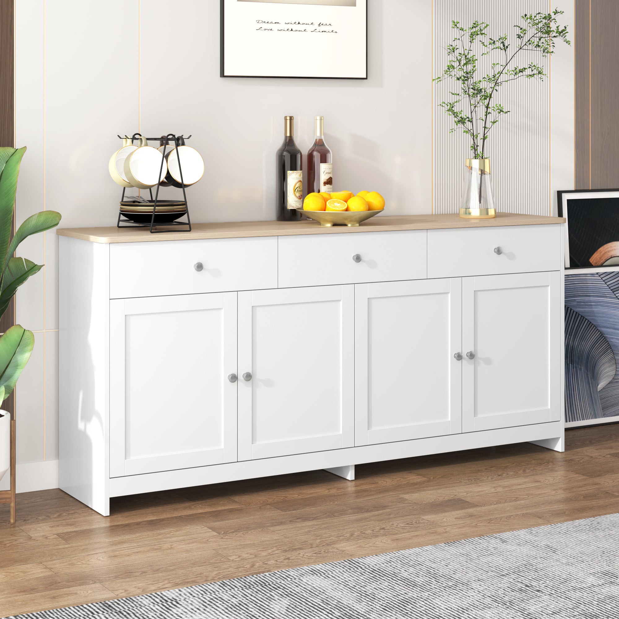 Sideboard, 4 Doors 3 Drawers, Wood Grain White
