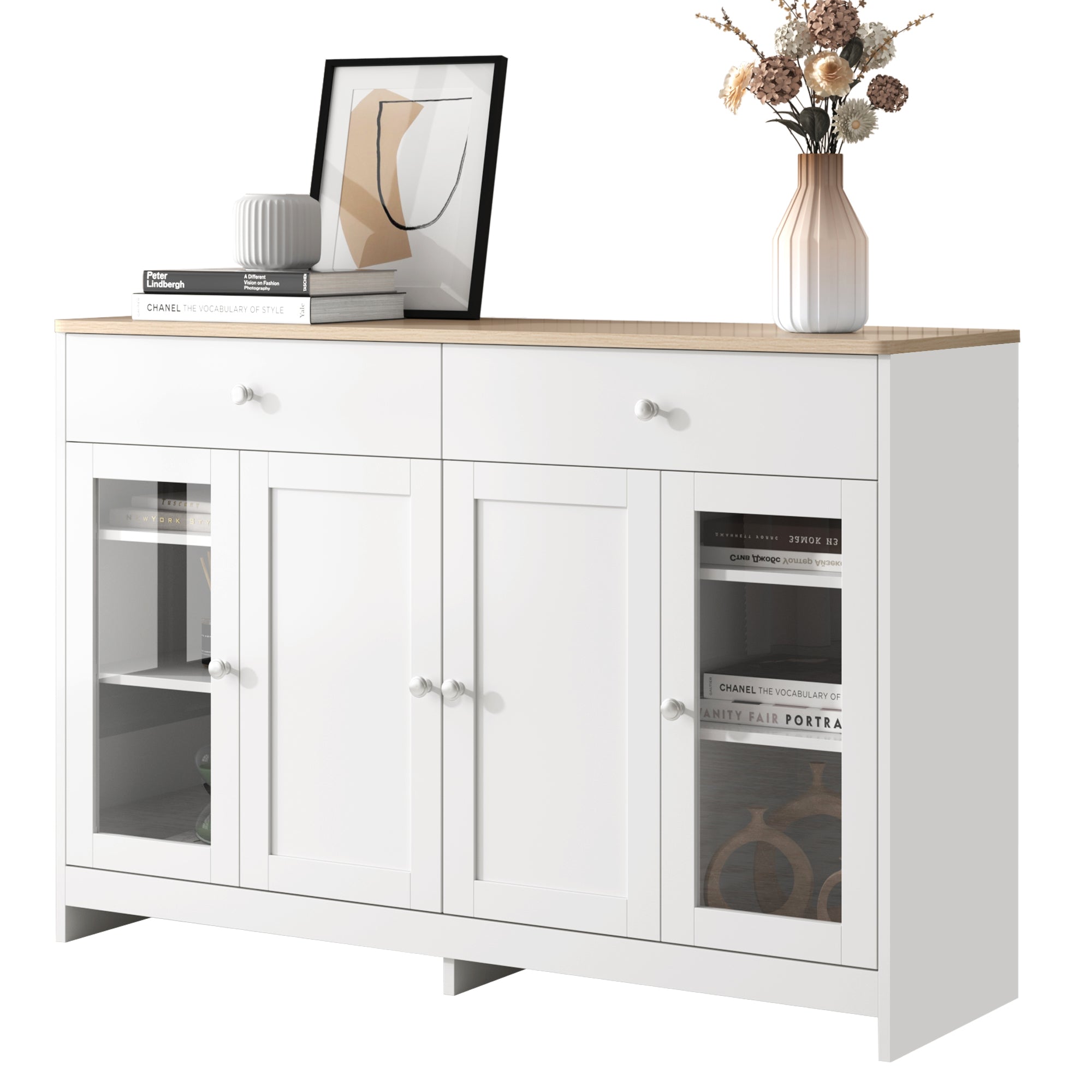 Sideboard, 4 Doors, 2 Drawers, Glass Door, White Wood
