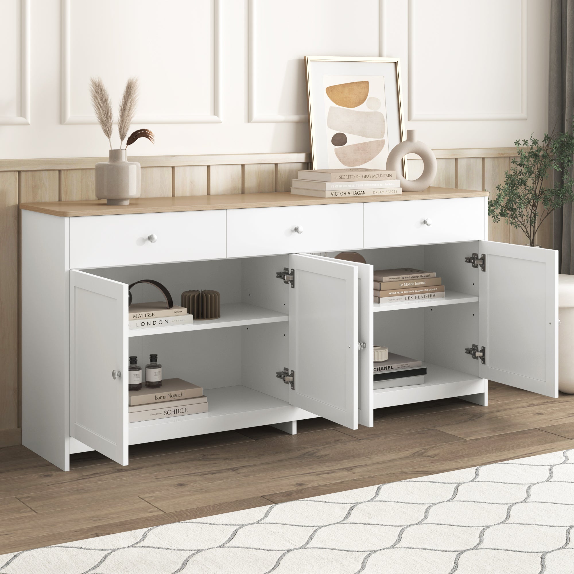 Sideboard, 4 Doors 3 Drawers, Wood Grain White